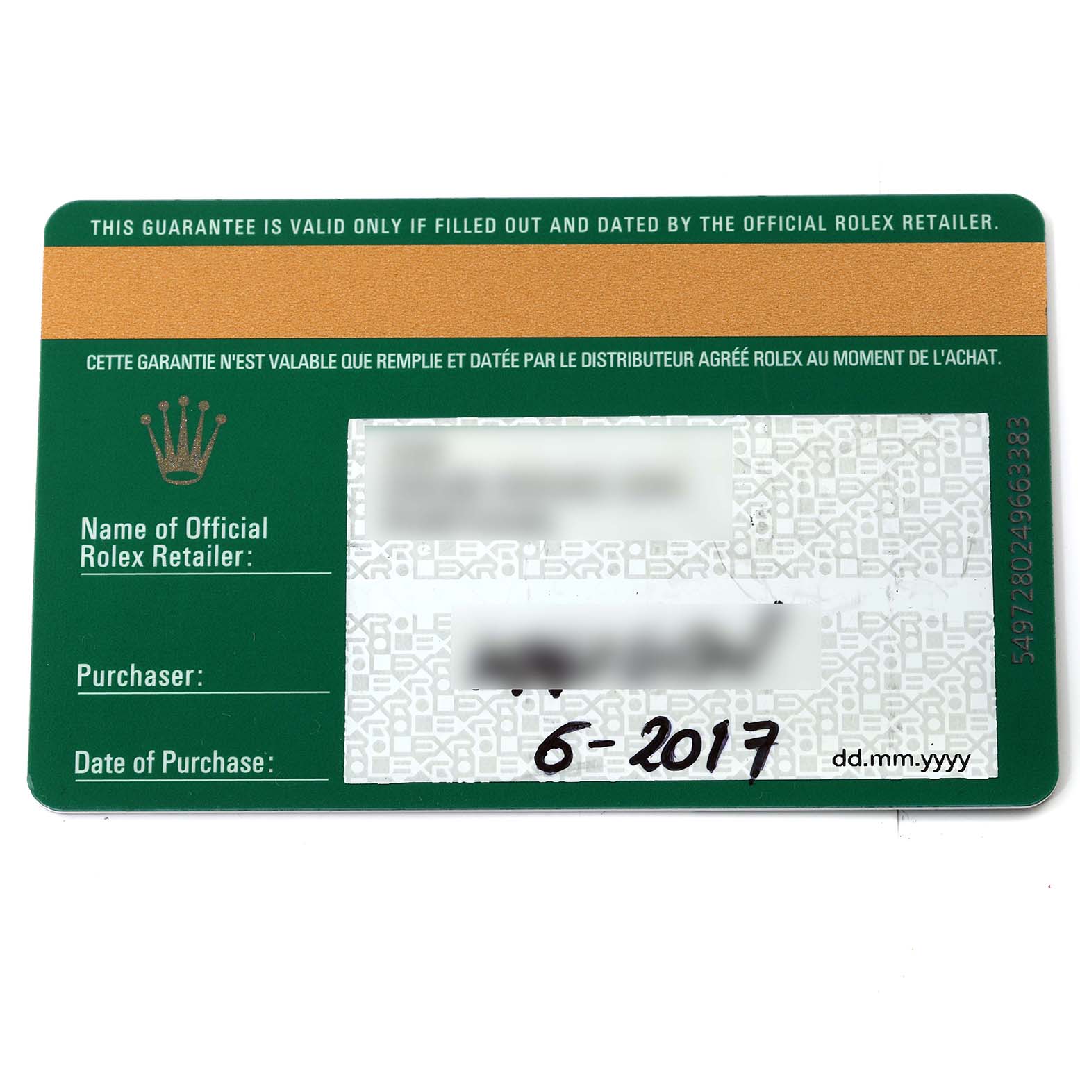 This image shows the guarantee card for a Rolex Submariner 116610LV Men
s Stainless Steel Green Dial 116610LV Men
s Stainless Steel Green Dial watch with purchase details.