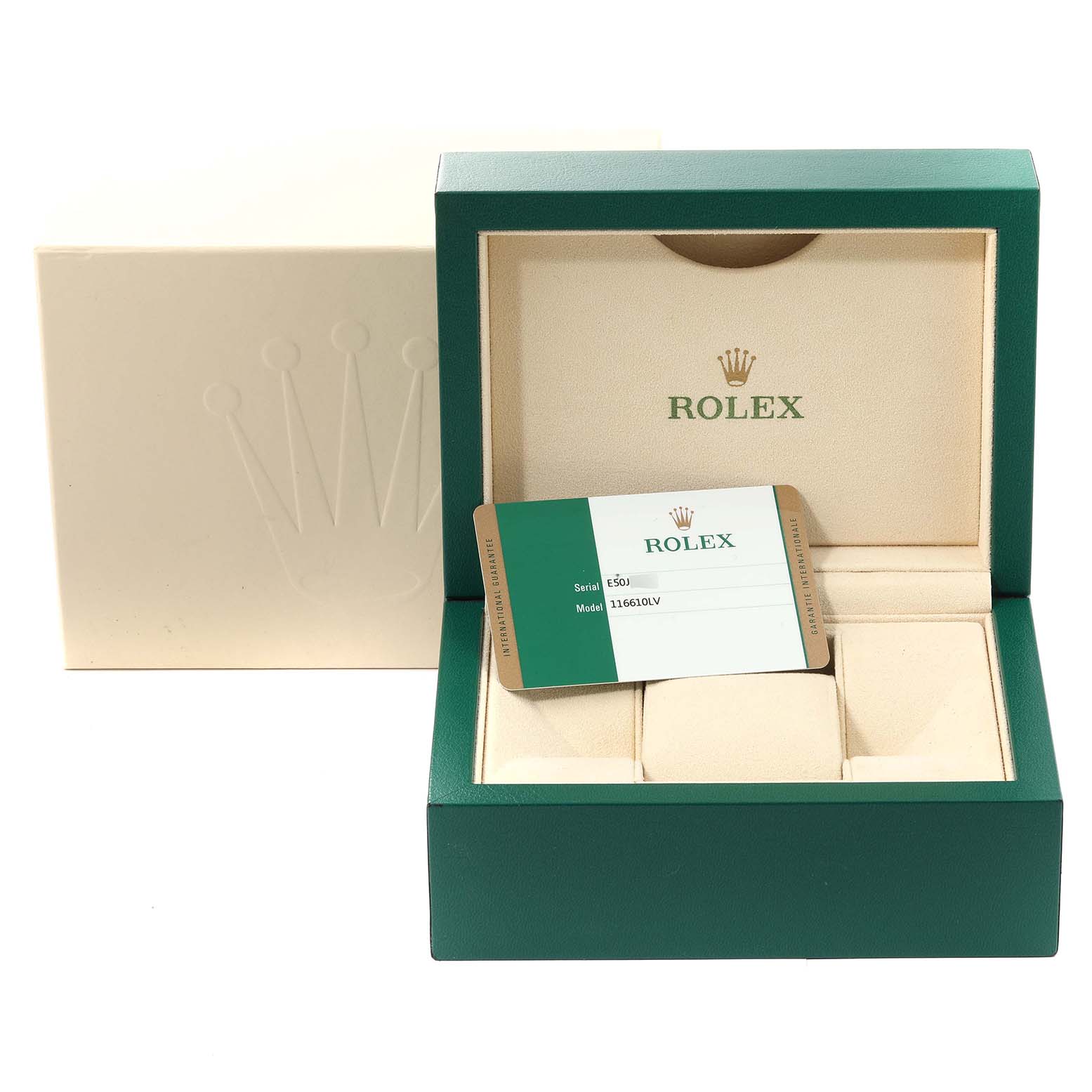 The image shows an open Rolex Submariner 116610LV Men
s Stainless Steel Green Dial 116610LV Men
s Stainless Steel Green Dial watch box with a warranty card inside.