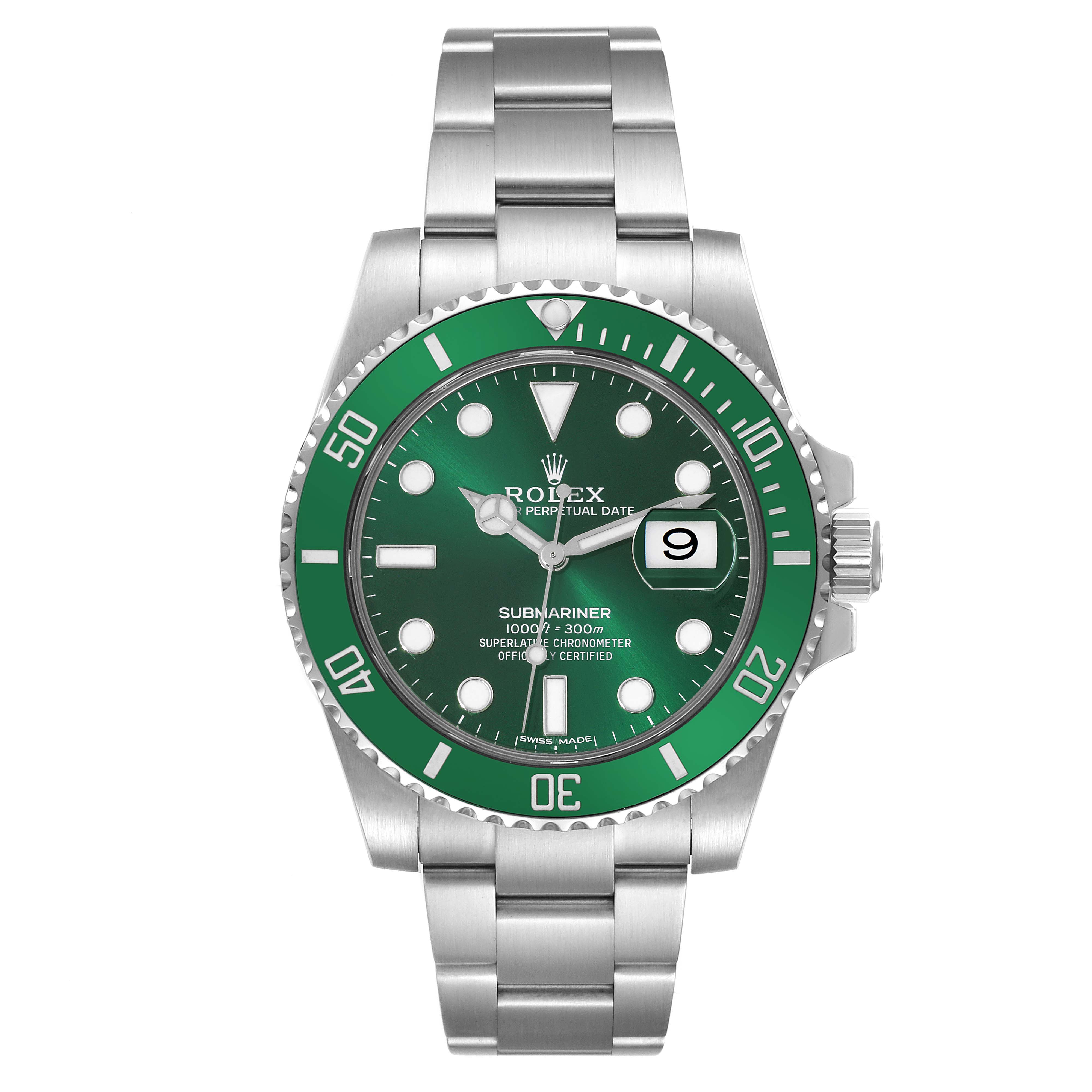 This image shows the front view of a Rolex Submariner 116610LV Men
s Stainless Steel Green Dial 116610LV Men
s Stainless Steel Green Dial watch, displaying its green dial, bezel, and stainless steel bracelet.