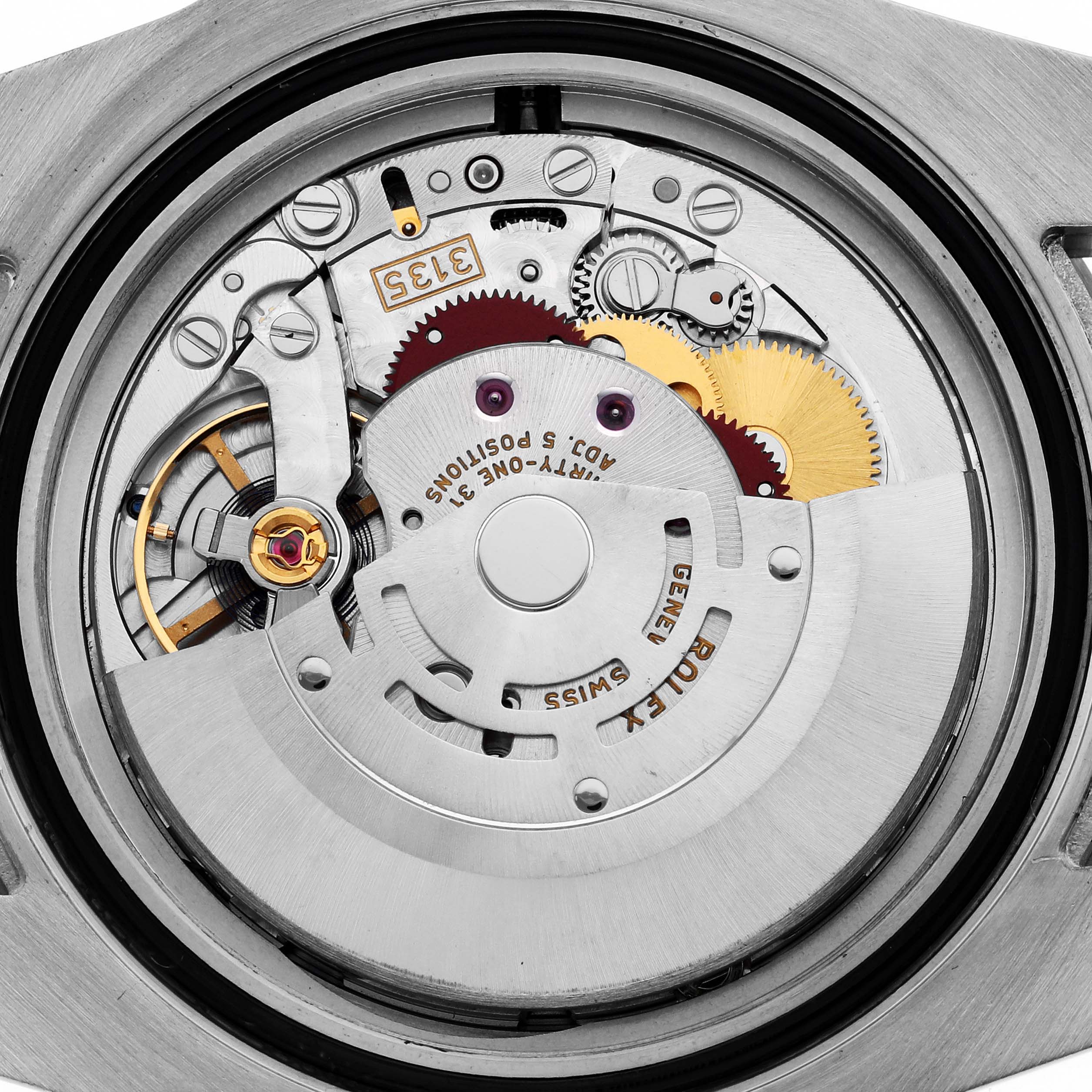 The image shows the internal mechanism and movement of a Rolex Submariner 116610LV Men
s Stainless Steel Green Dial 116610LV Men
s Stainless Steel Green Dial watch from a back view angle.