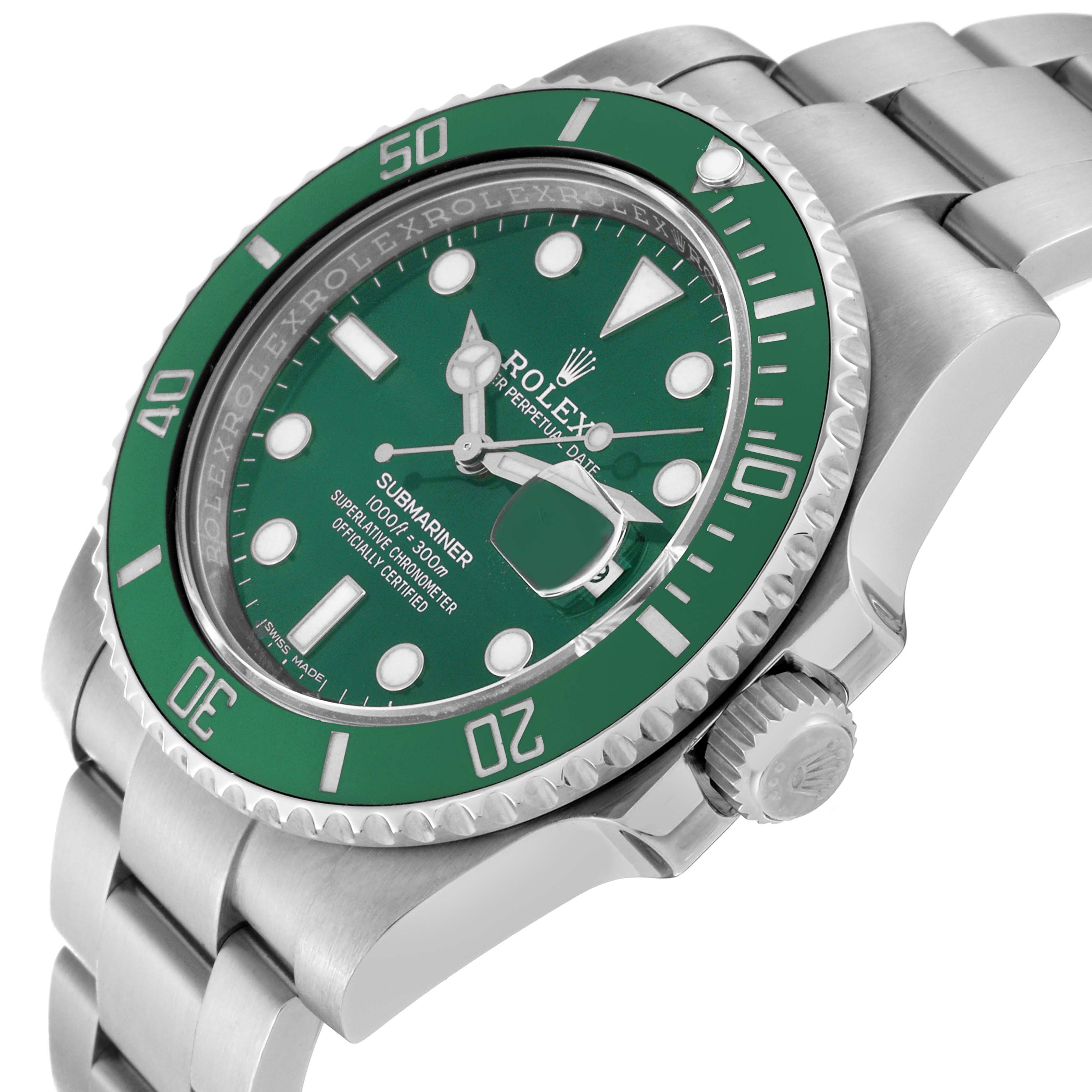 The image shows a side view of the green dial and bezel of a Rolex Submariner 116610LV Men
s Stainless Steel Green Dial 116610LV Men
s Stainless Steel Green Dial watch, highlighting its crown and band.