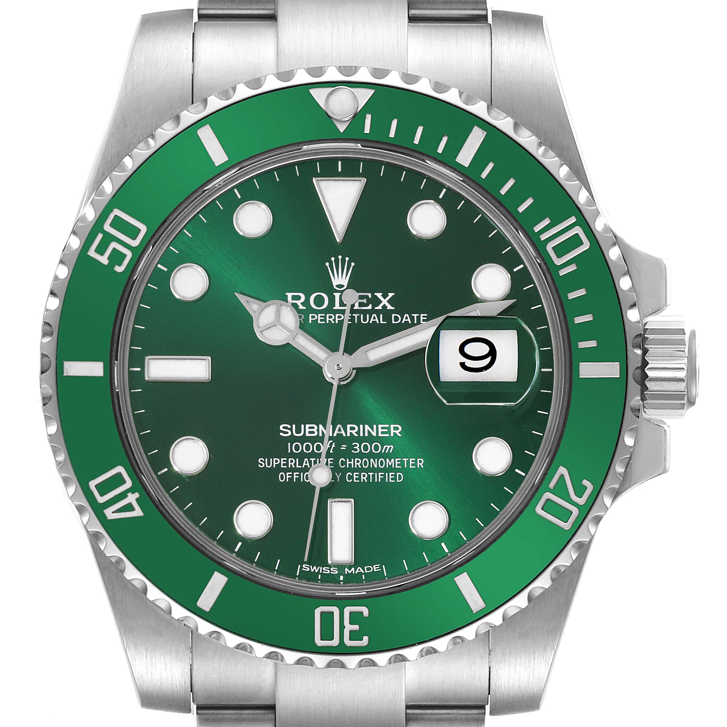 This is a front view of a Rolex Submariner 116610LV Men
s Stainless Steel Green Dial 116610LV Men
s Stainless Steel Green Dial watch, showing the green dial, bezel, and part of the bracelet.