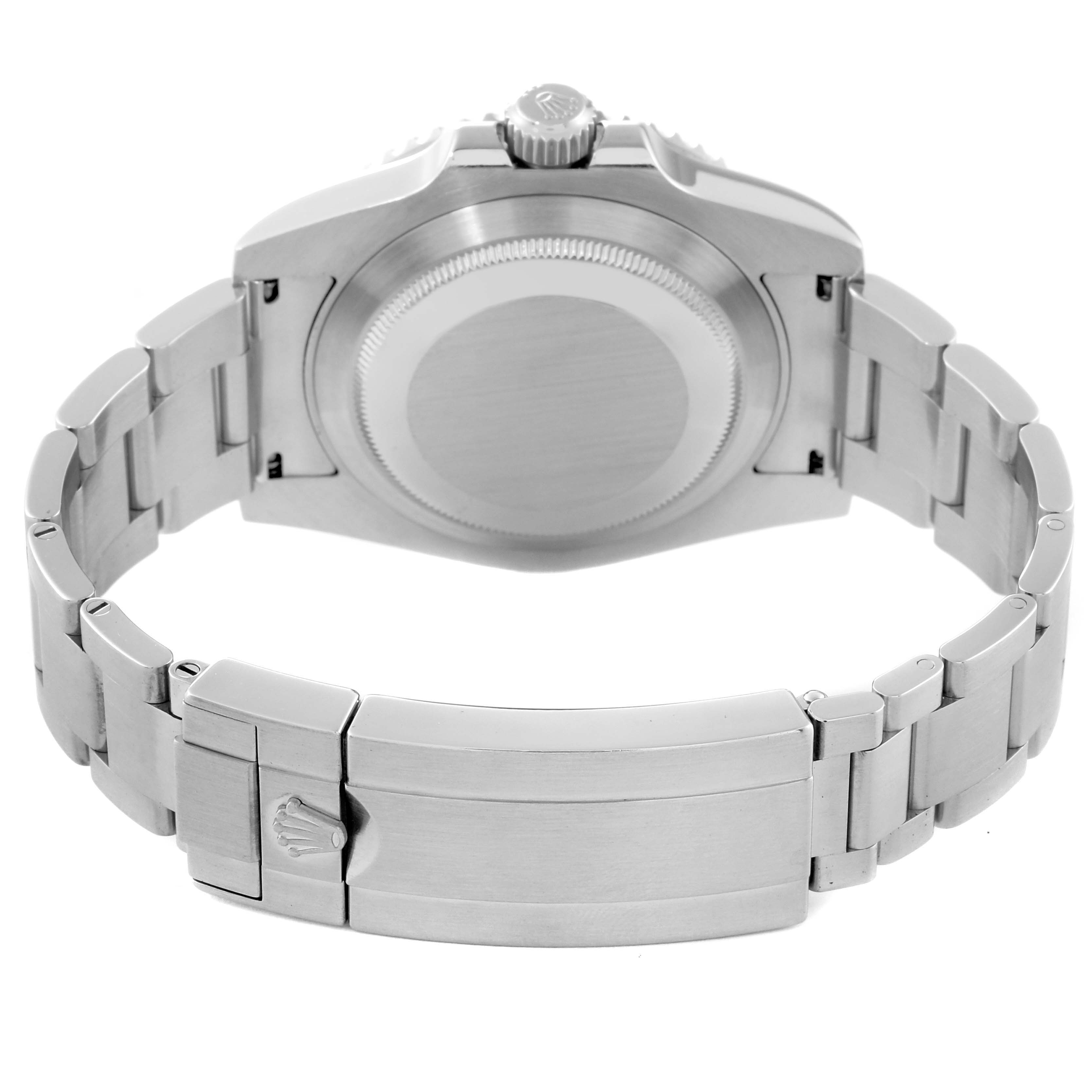 This image shows the rear view of a Rolex Submariner 116610LV Men
s Stainless Steel Green Dial 116610LV Men
s Stainless Steel Green Dial watch, focusing on the case back and stainless steel bracelet clasp.