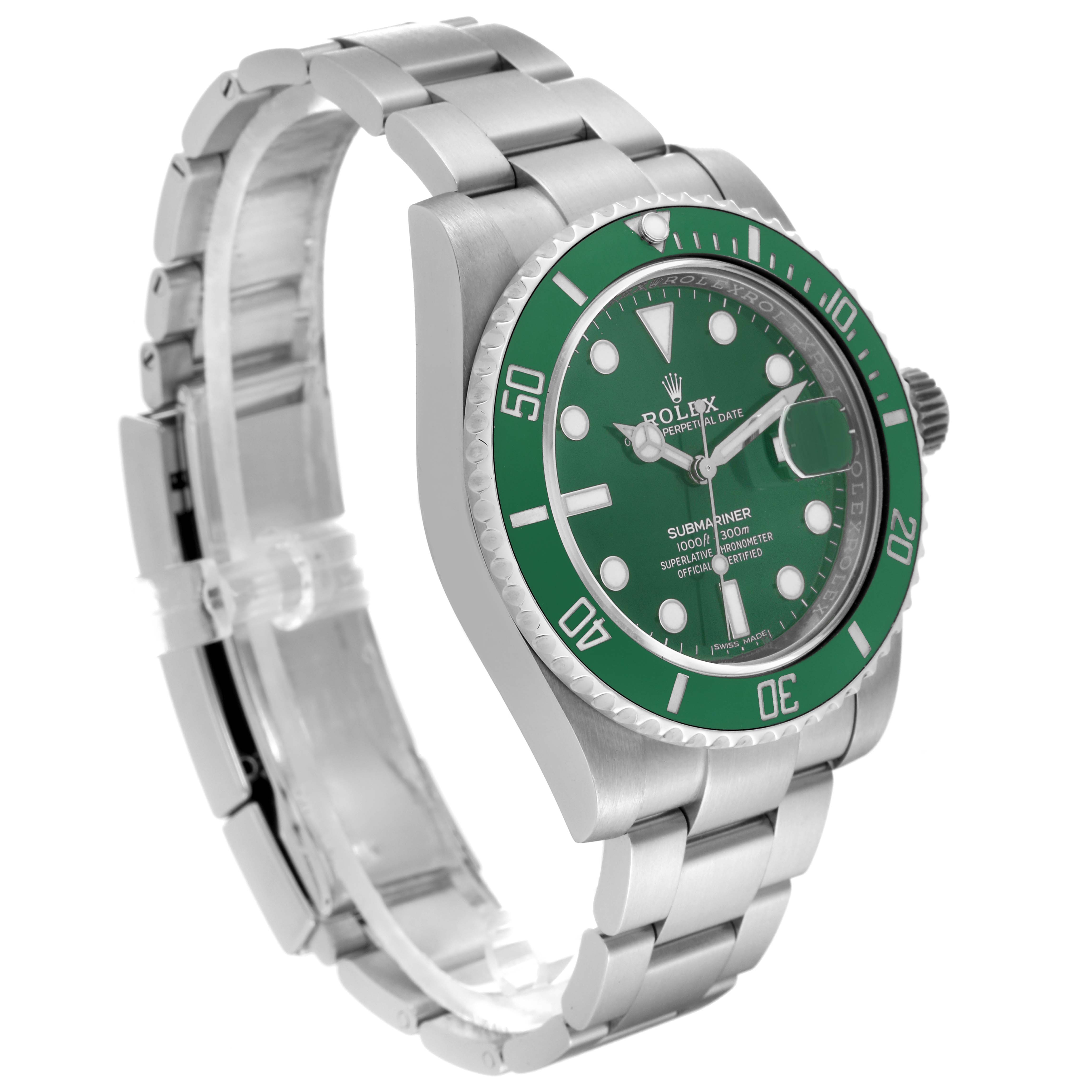 The image shows a Rolex Submariner 116610LV Men
s Stainless Steel Green Dial 116610LV Men
s Stainless Steel Green Dial watch at a slight angle, highlighting the face, bezel, band, and crown.