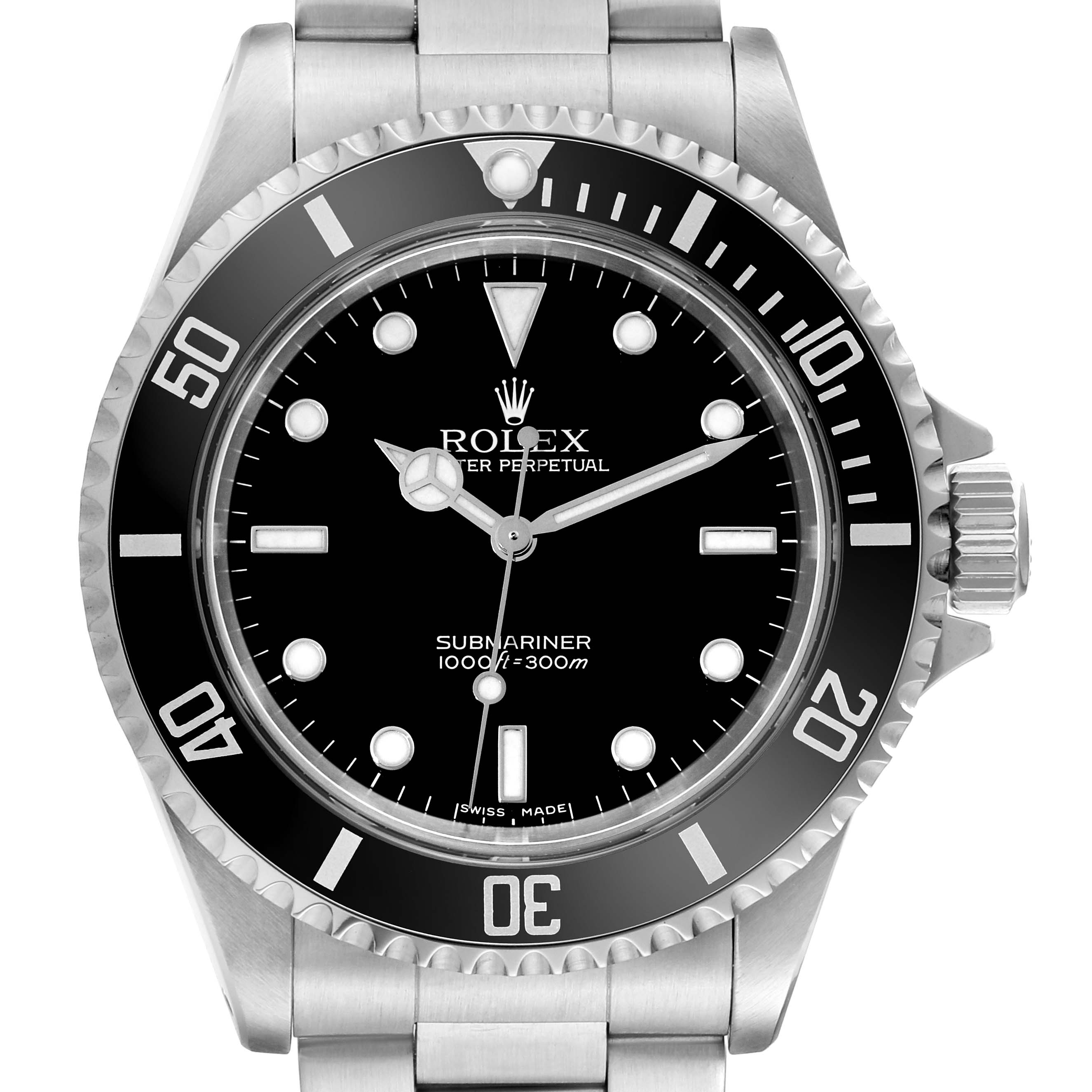 The image shows a front view of the Rolex Submariner 14060 Men
s Stainless Steel Black Dial 14060 Men
s Stainless Steel Black Dial watch, focusing on its dial, bezel, crown, and part of the bracelet.