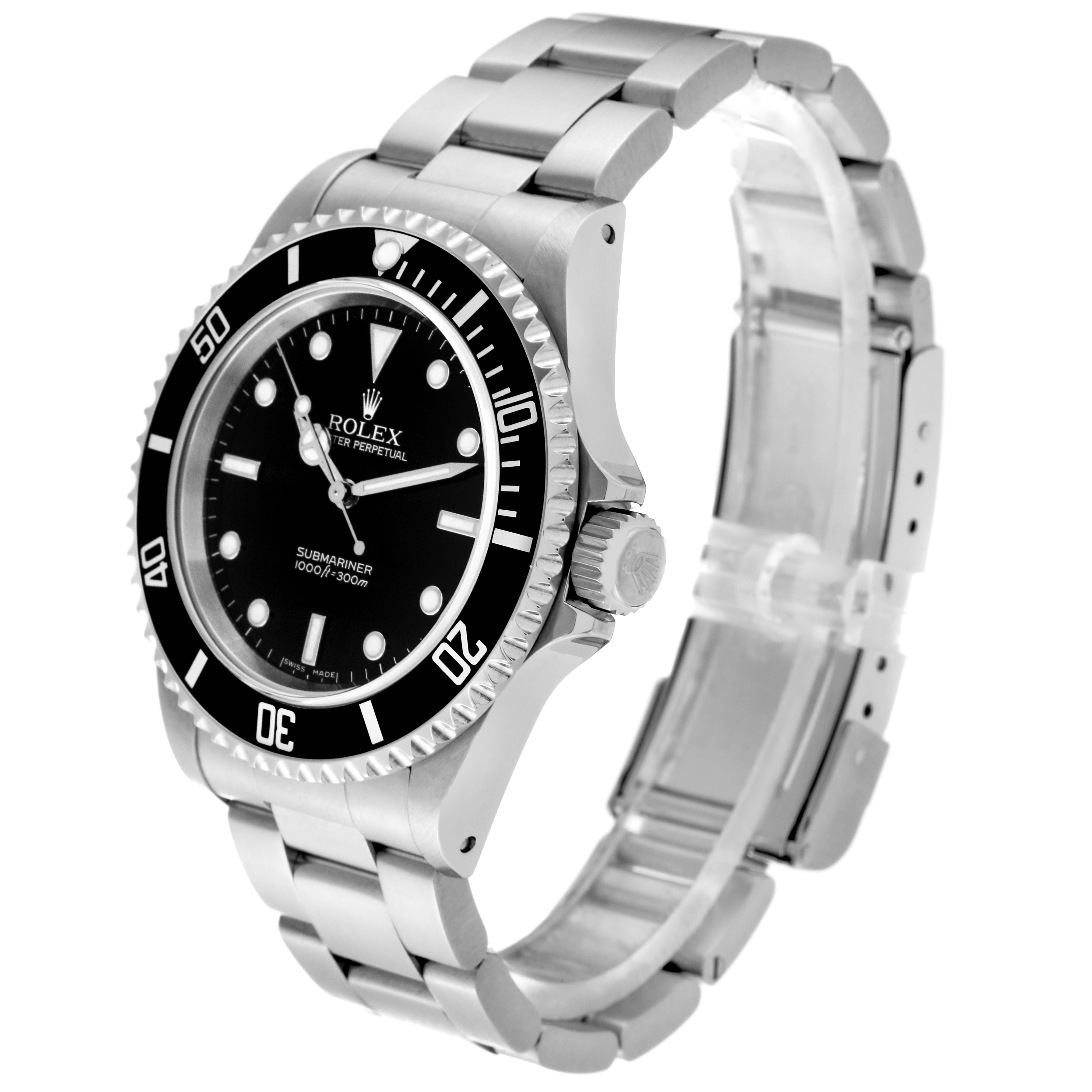 The image shows a side view of a Rolex Submariner 14060 Men
s Stainless Steel Black Dial 14060 Men
s Stainless Steel Black Dial watch, highlighting the bezel, crown, dial, and stainless steel bracelet.