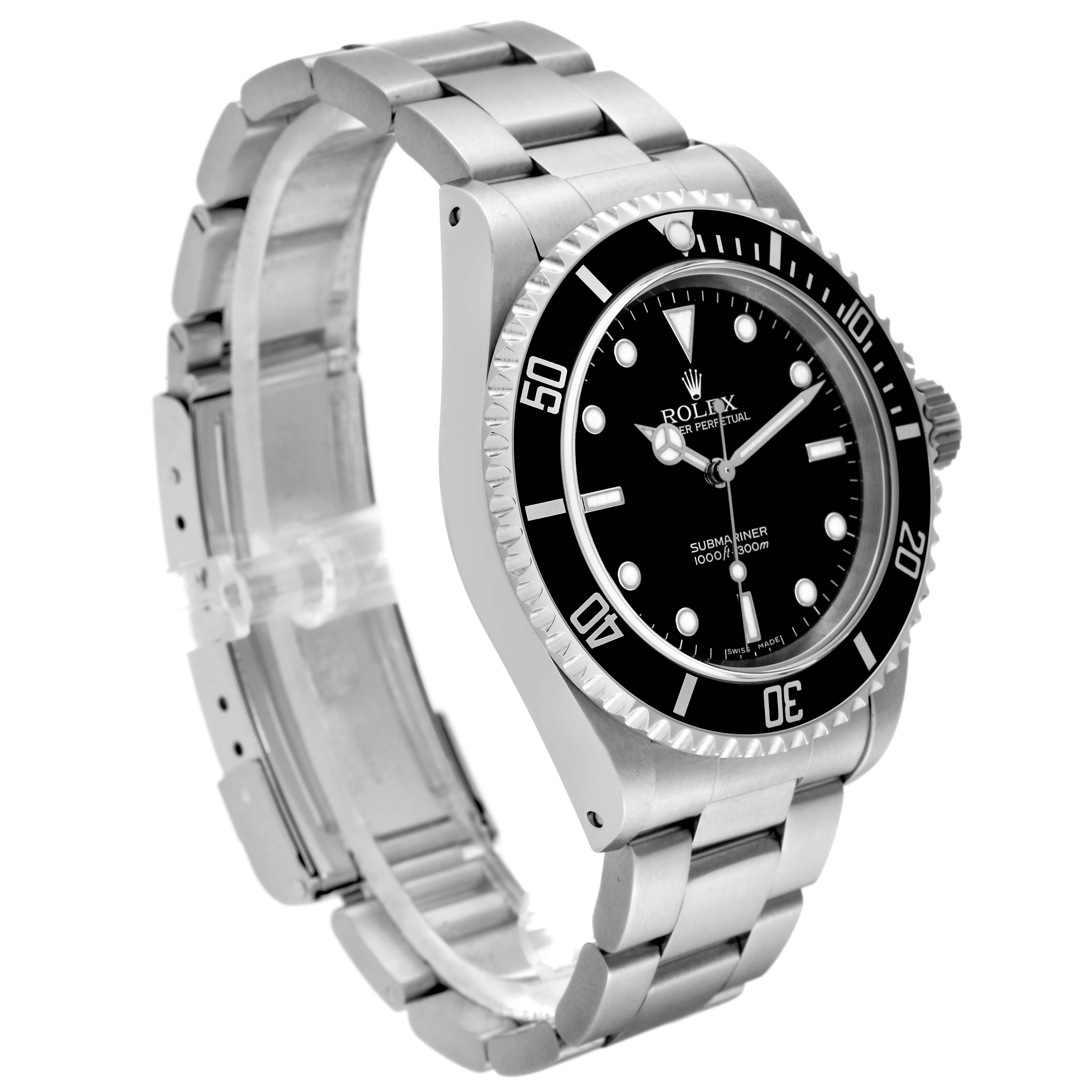 This image of the Rolex Submariner 14060 Men
s Stainless Steel Black Dial 14060 Men
s Stainless Steel Black Dial watch shows a three-quarter angle view, highlighting the bezel, dial, and bracelet.