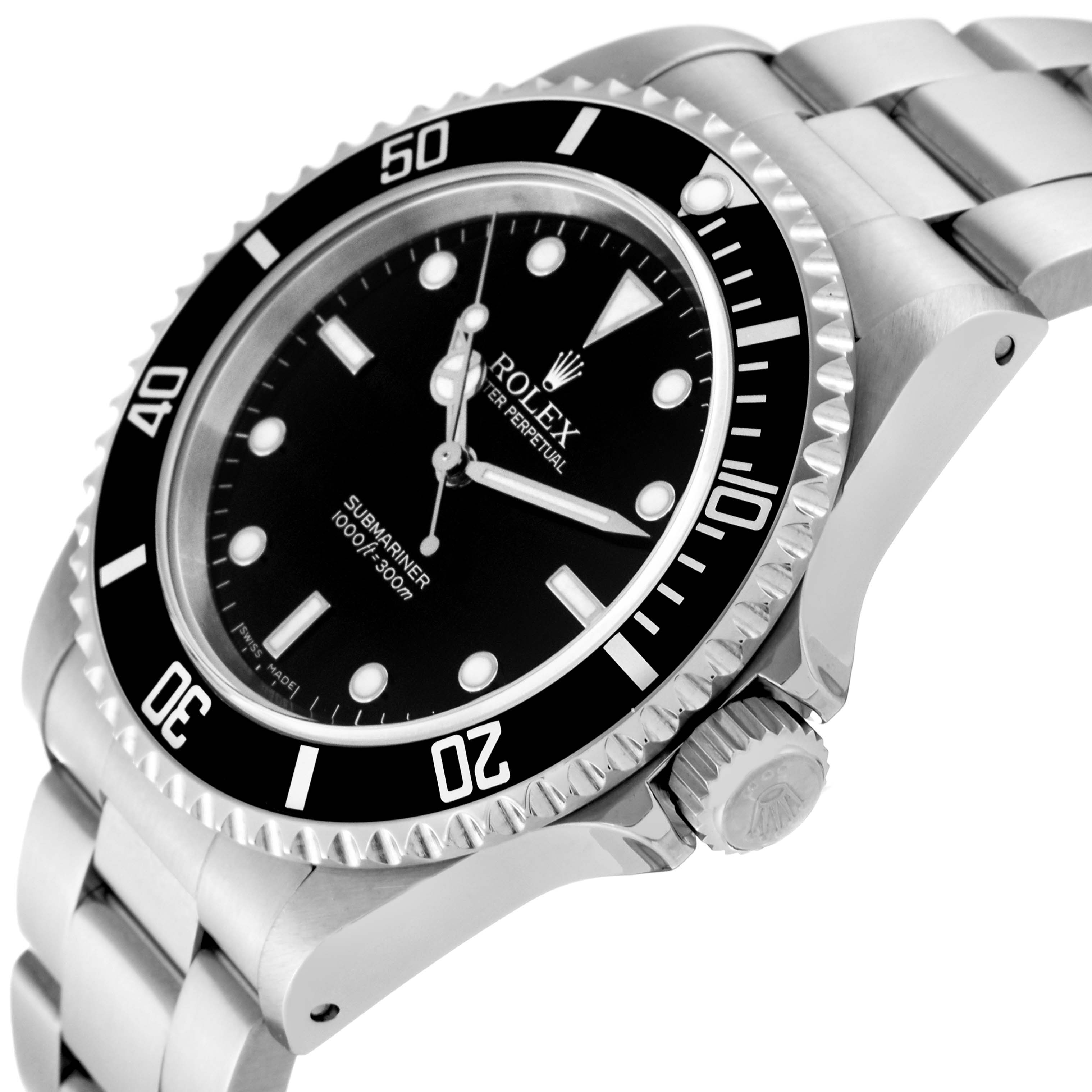 This image shows a close-up side angle of the Rolex Submariner 14060 Men
s Stainless Steel Black Dial 14060 Men
s Stainless Steel Black Dial, highlighting its dial, bezel, crown, and part of the bracelet.
