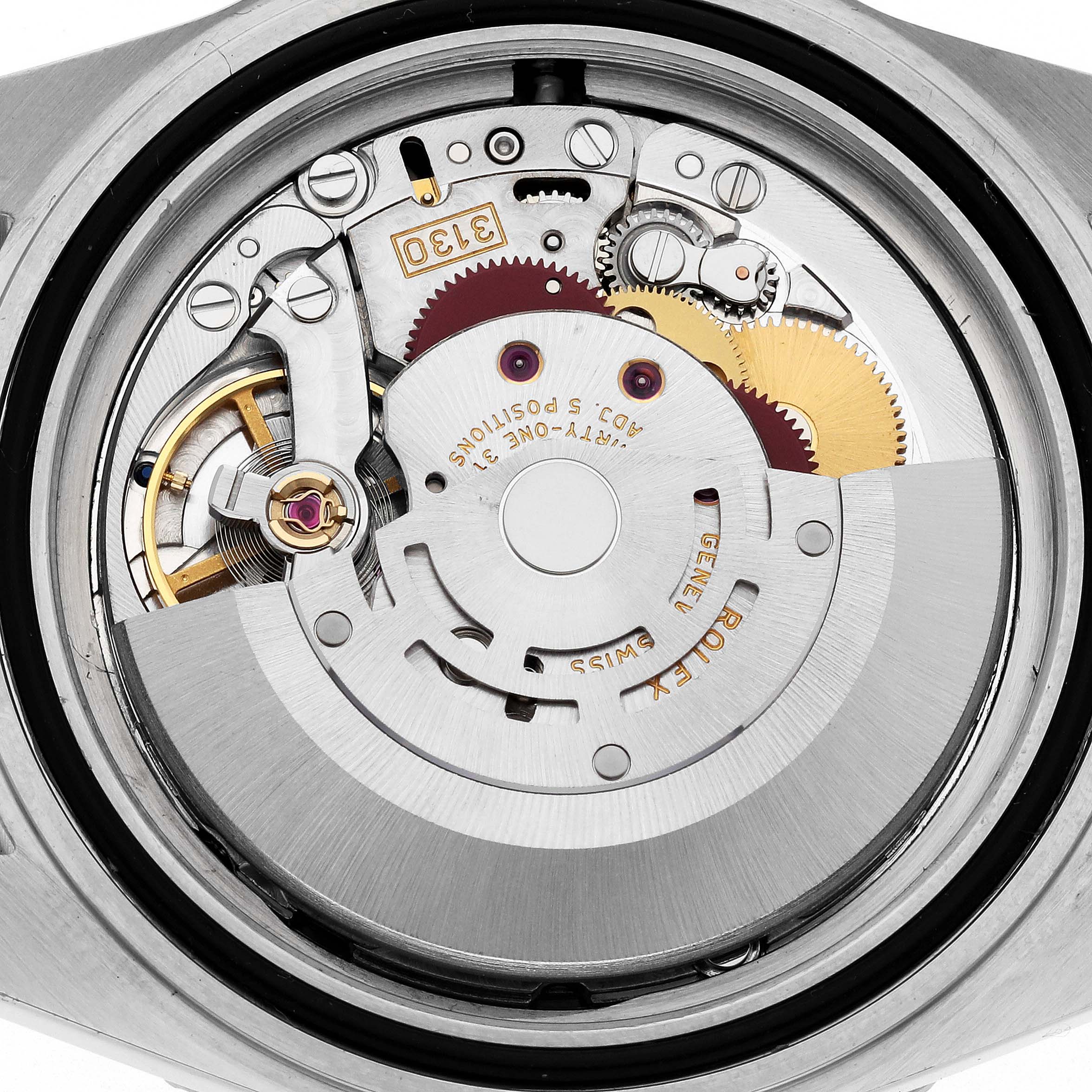 The image shows the movement mechanism of a Rolex Submariner 14060 Men
s Stainless Steel Black Dial 14060 Men
s Stainless Steel Black Dial watch from a top-down angle.