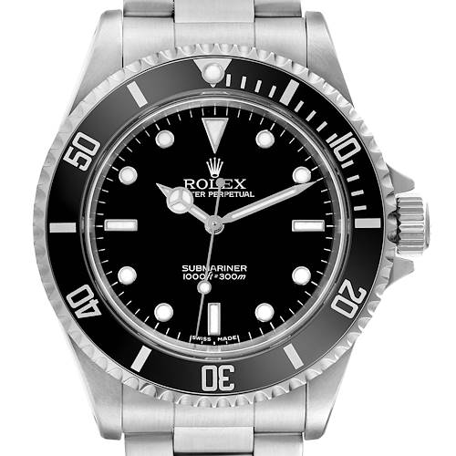 The image shows a front view of the Rolex Submariner watch, highlighting the dial, bezel, and part of the bracelet.