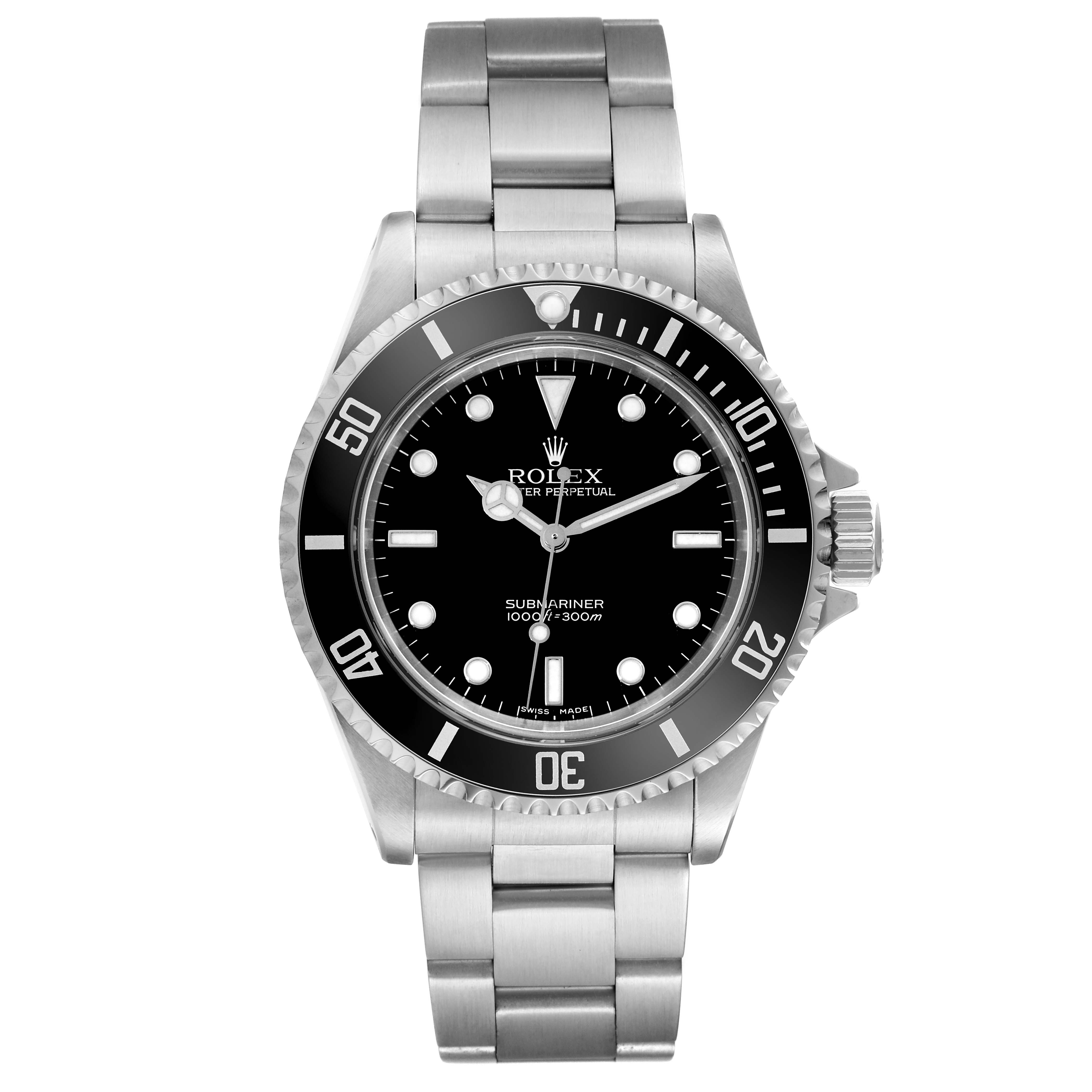 This image shows a front view of a Rolex Submariner 14060 Men
s Stainless Steel Black Dial 14060 Men
s Stainless Steel Black Dial watch, featuring its black dial, bezel, and stainless steel bracelet.