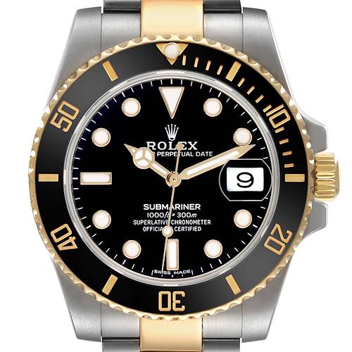 The image shows a front view of a Rolex Submariner 116613 Men's Steel and Gold (two tone) Black Dial, displaying the bezel, dial, hands, and date window.