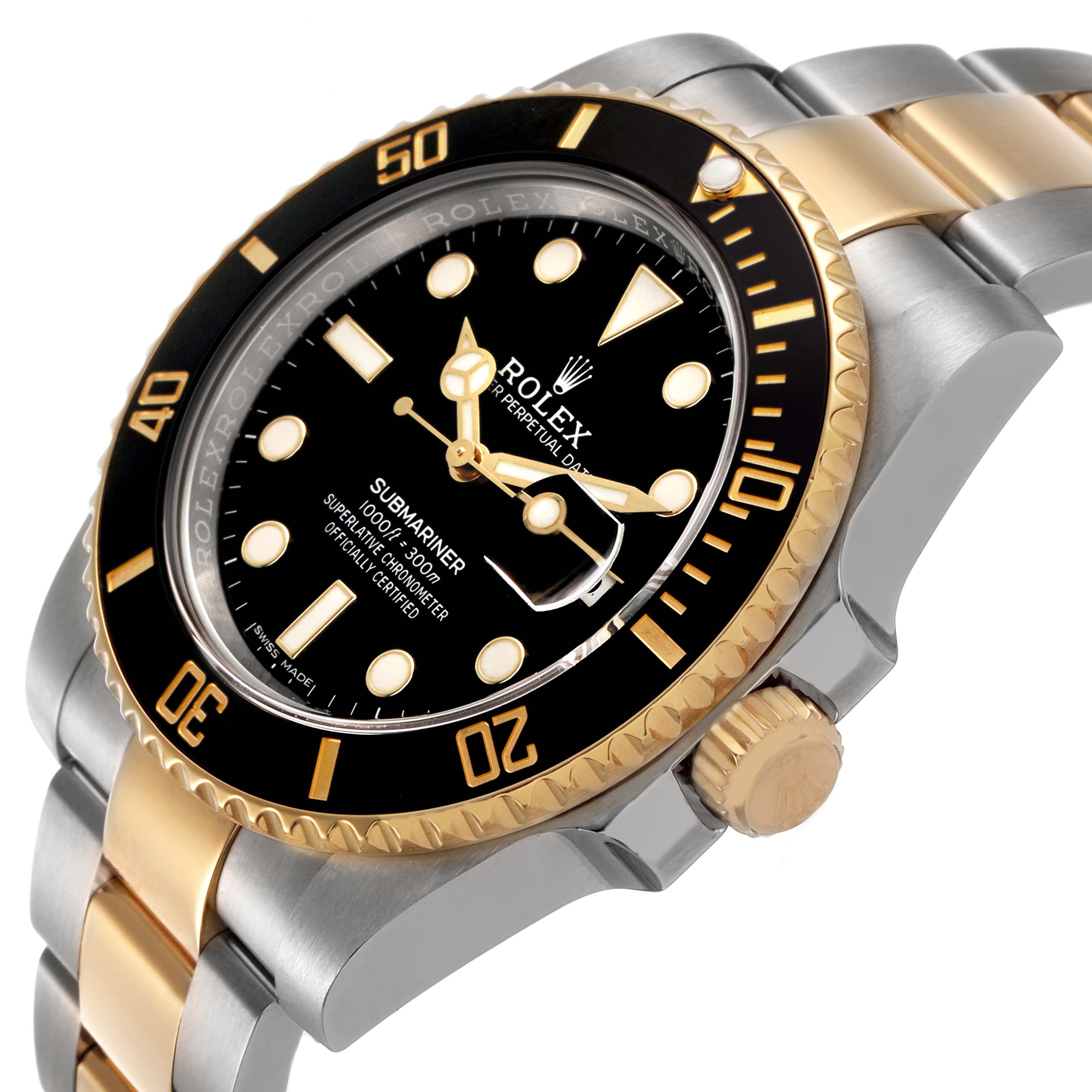 The Rolex Submariner 116613 Men's Steel and Gold (two tone) Black Dial watch is shown at an angled side view, highlighting the bezel, dial, crown, and two-tone bracelet.