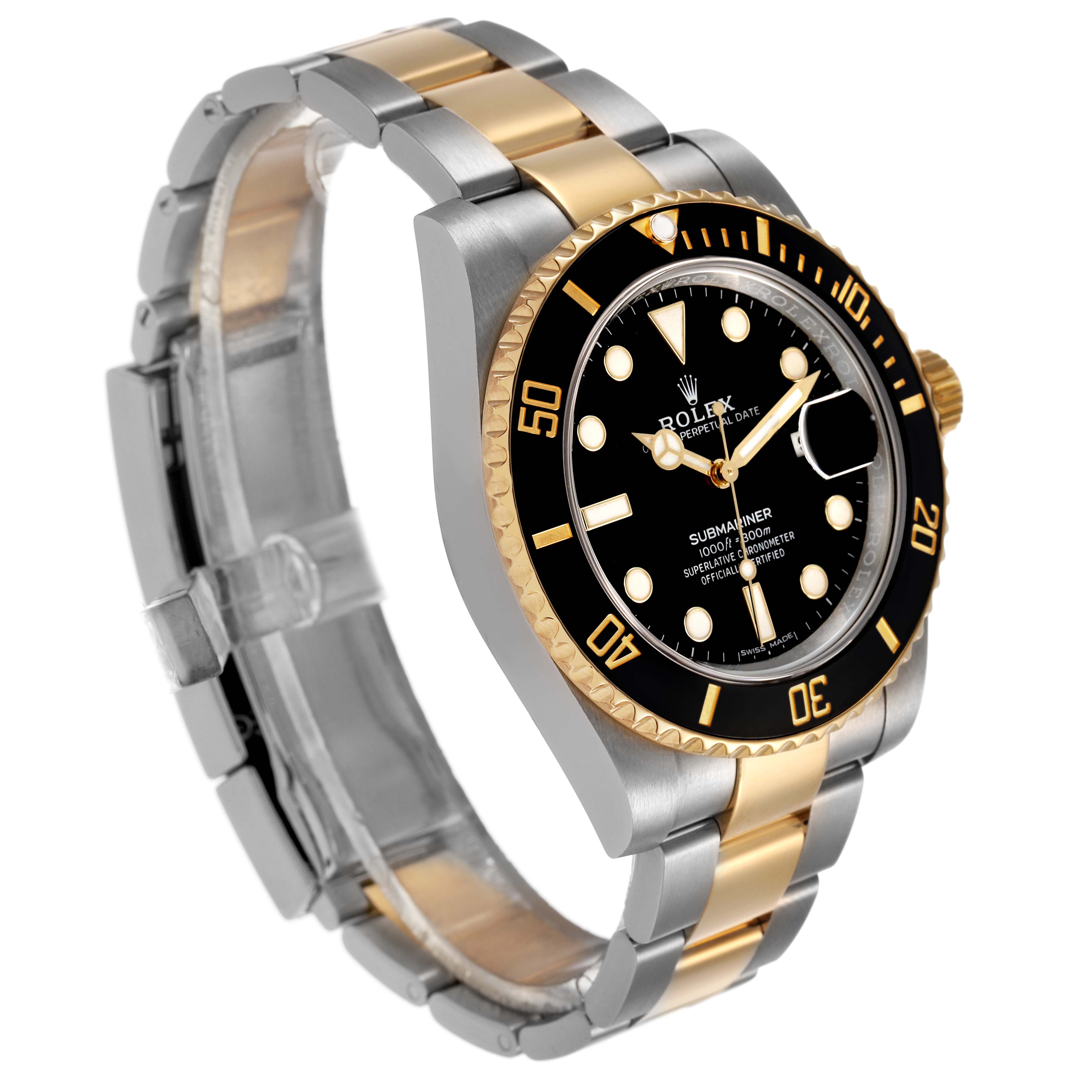 The image shows a Rolex Submariner 116613 Men's Steel and Gold (two tone) Black Dial watch from a side angle, highlighting the dial, bezel, and two-tone bracelet.