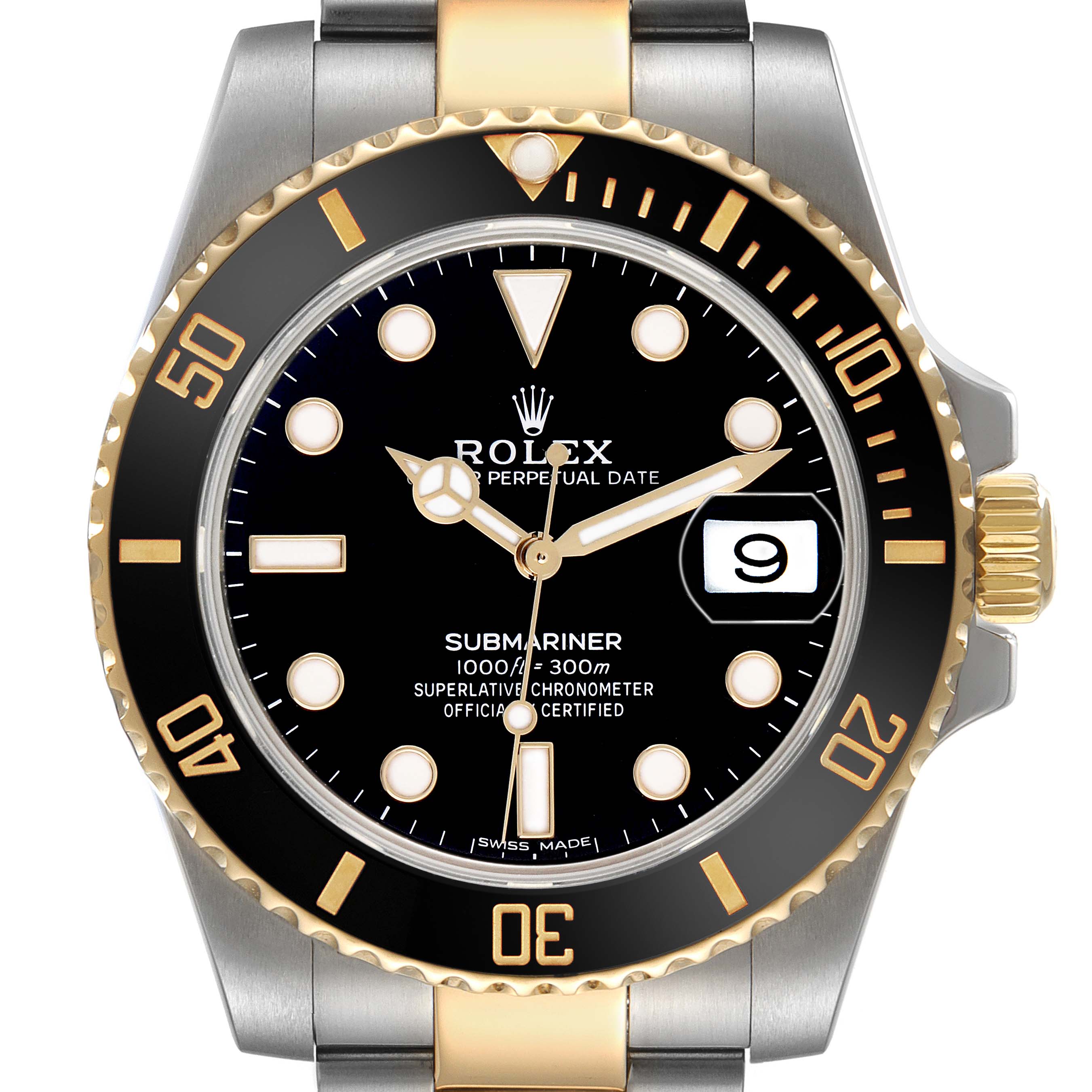 The Rolex Submariner 116613 Men's Steel and Gold (two tone) Black Dial watch is shown from the front, highlighting the bezel, dial, hands, markers, and date window.