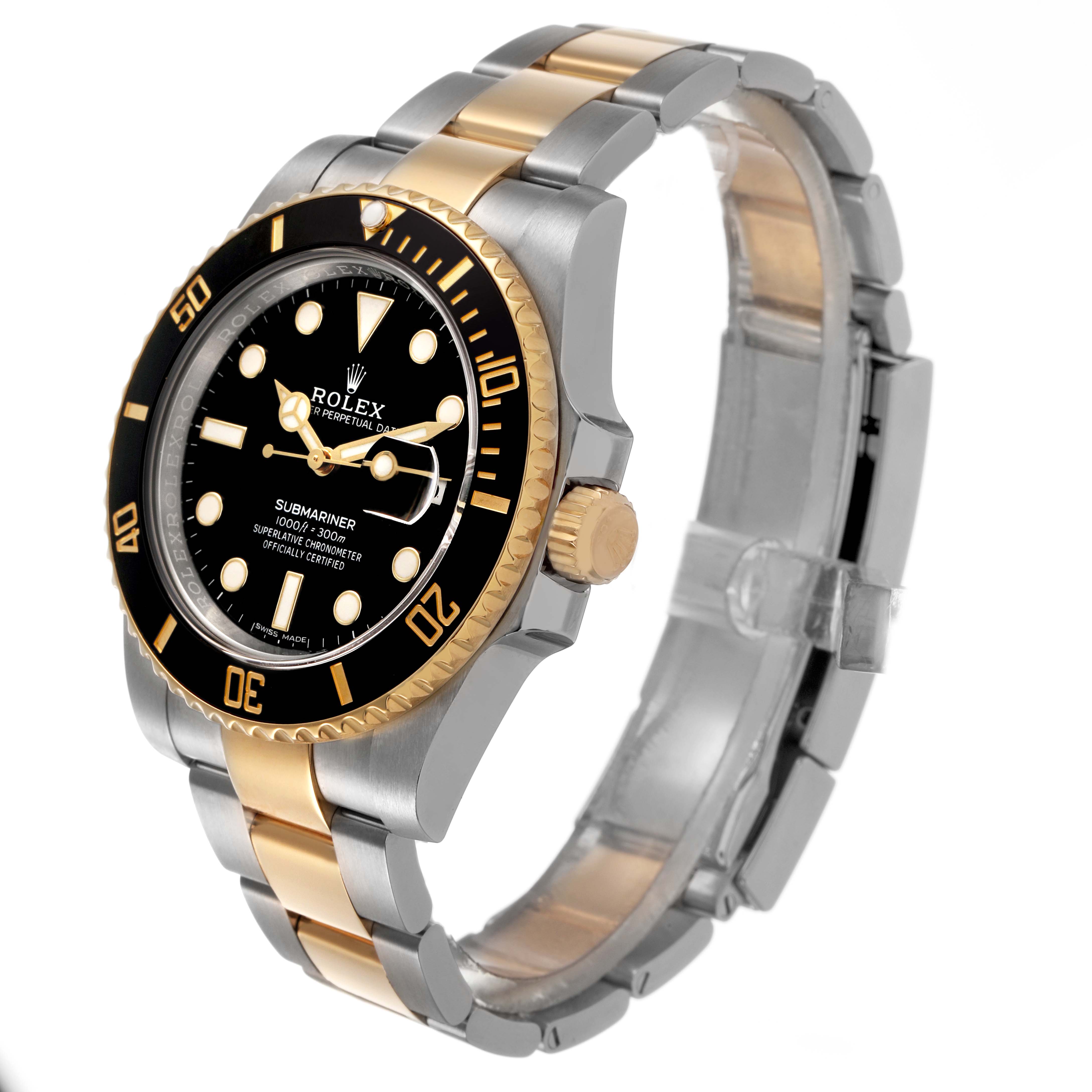 The Rolex Submariner 116613 Men's Steel and Gold (two tone) Black Dial watch is shown at a three-quarter angle, highlighting the two-tone bezel, dial, and bracelet.