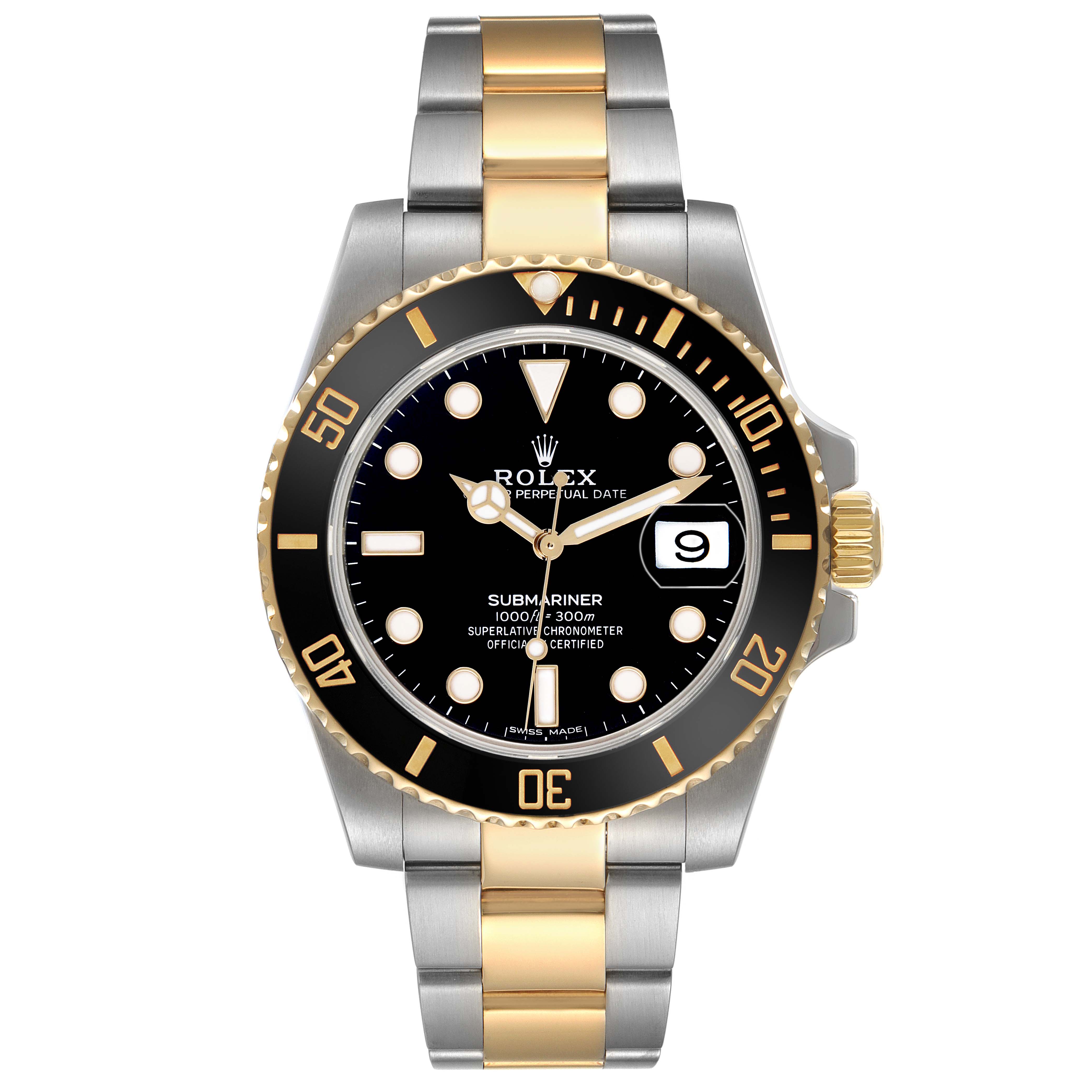 The Rolex Submariner 116613 Men's Steel and Gold (two tone) Black Dial is shown from the front, highlighting its dial, bezel, and two-tone bracelet.