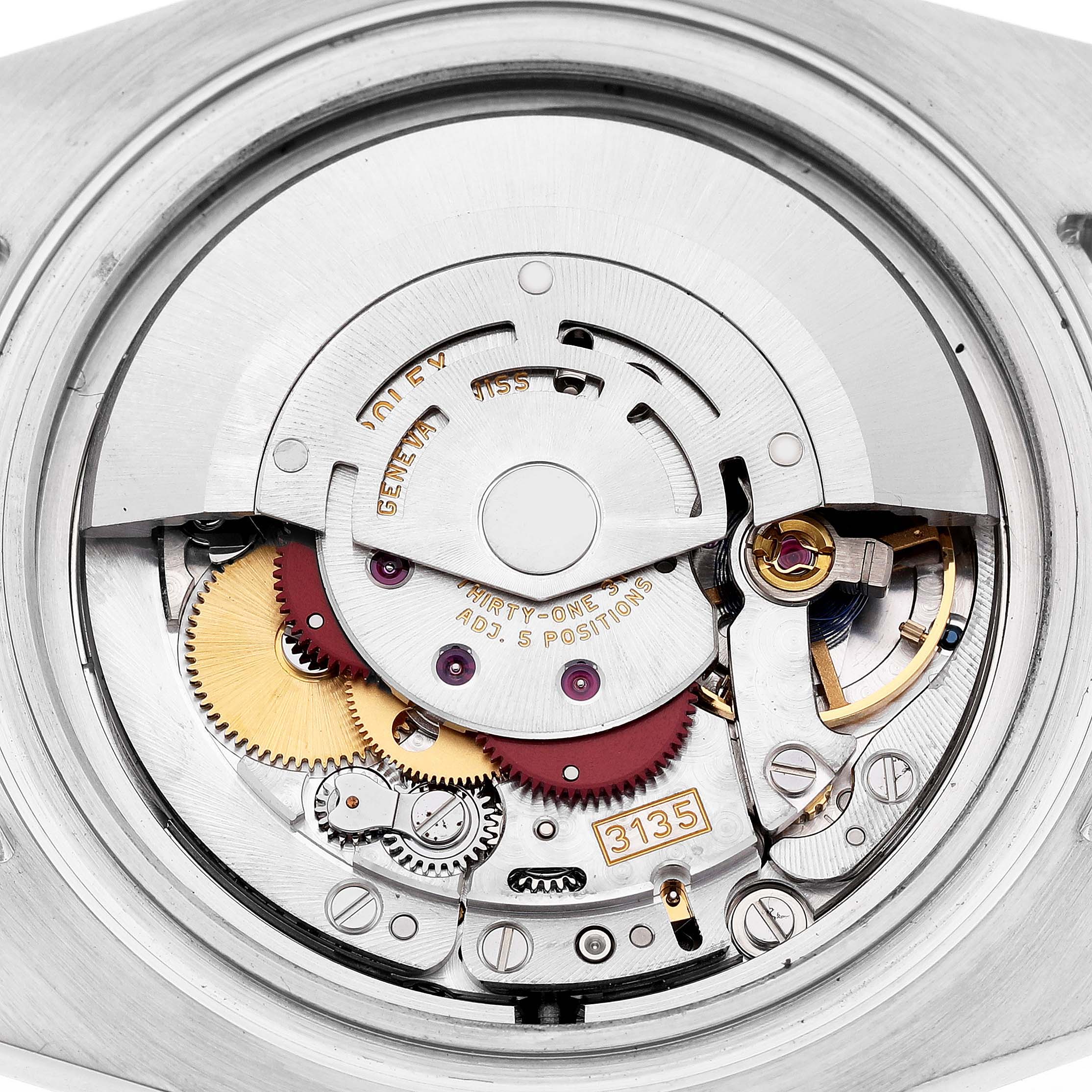 The image shows a close-up of the Rolex Submariner 116613 Men's Steel and Gold (two tone) Black Dial's movement, displaying gears and the rotor from the back.