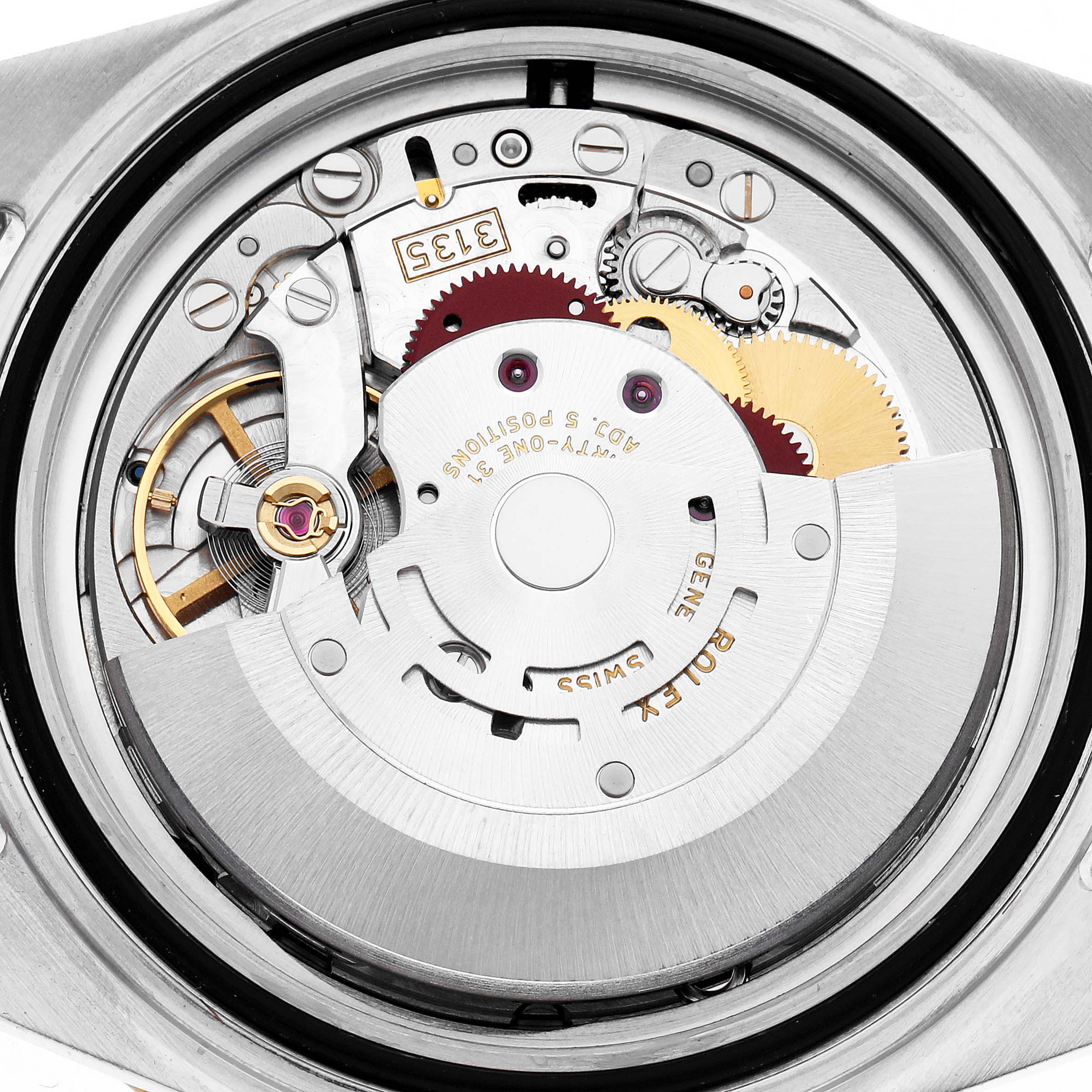 The image shows a detailed view of the movement mechanism inside a Rolex Submariner model 16613 men's watch, focusing on gears and components.