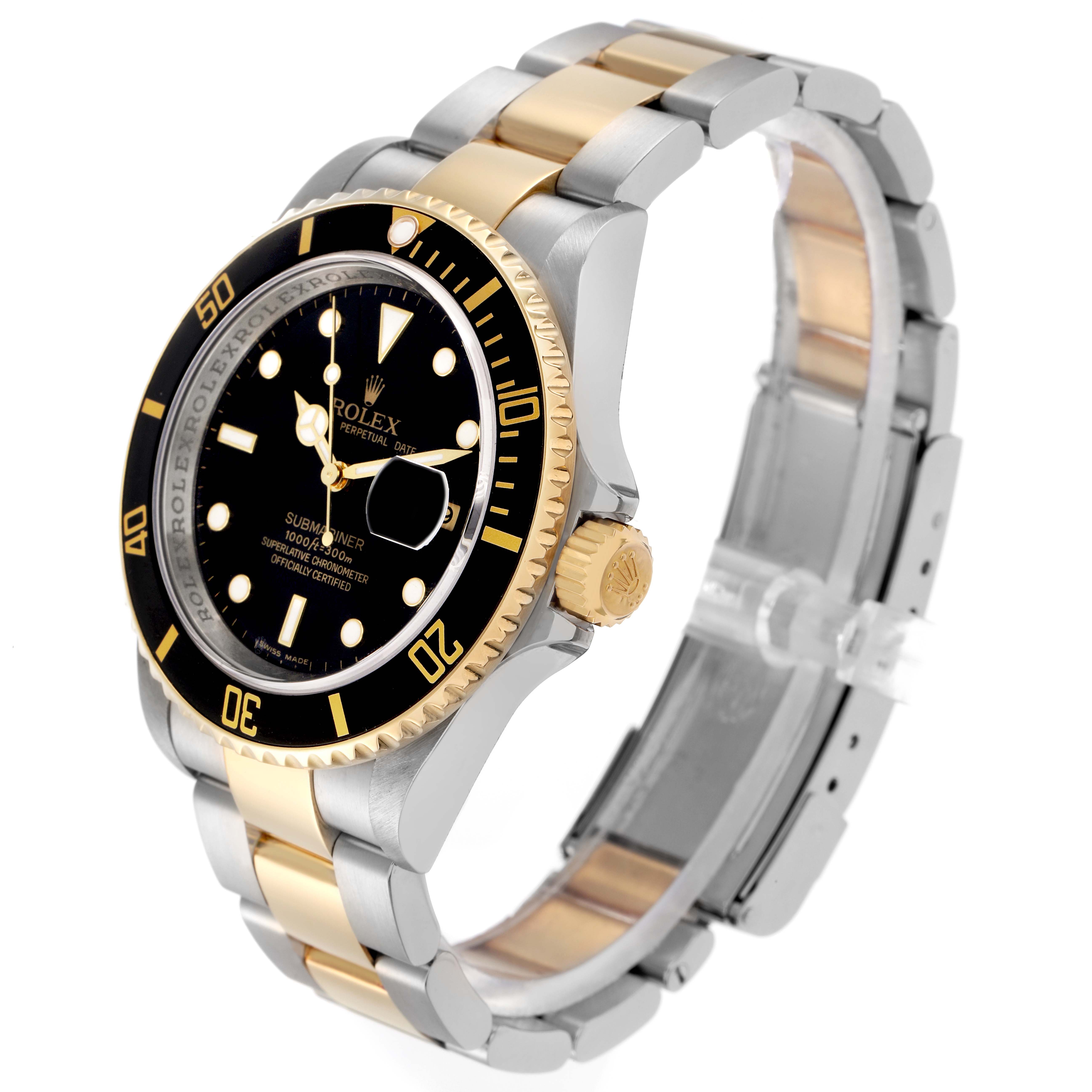 The Rolex Submariner model 16613 is shown at a three-quarter angle, highlighting the black dial, two-tone bezel, and bracelet.