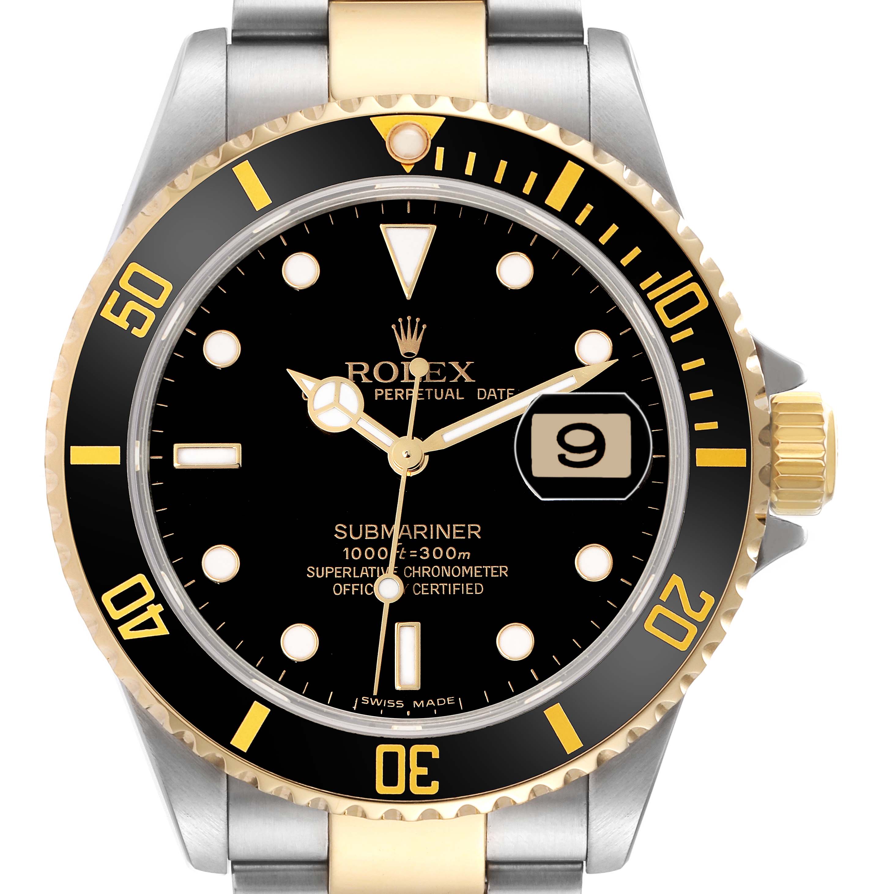 The Rolex Submariner model 16613 is shown from a front angle, highlighting its black and gold bezel, dial, and date window.
