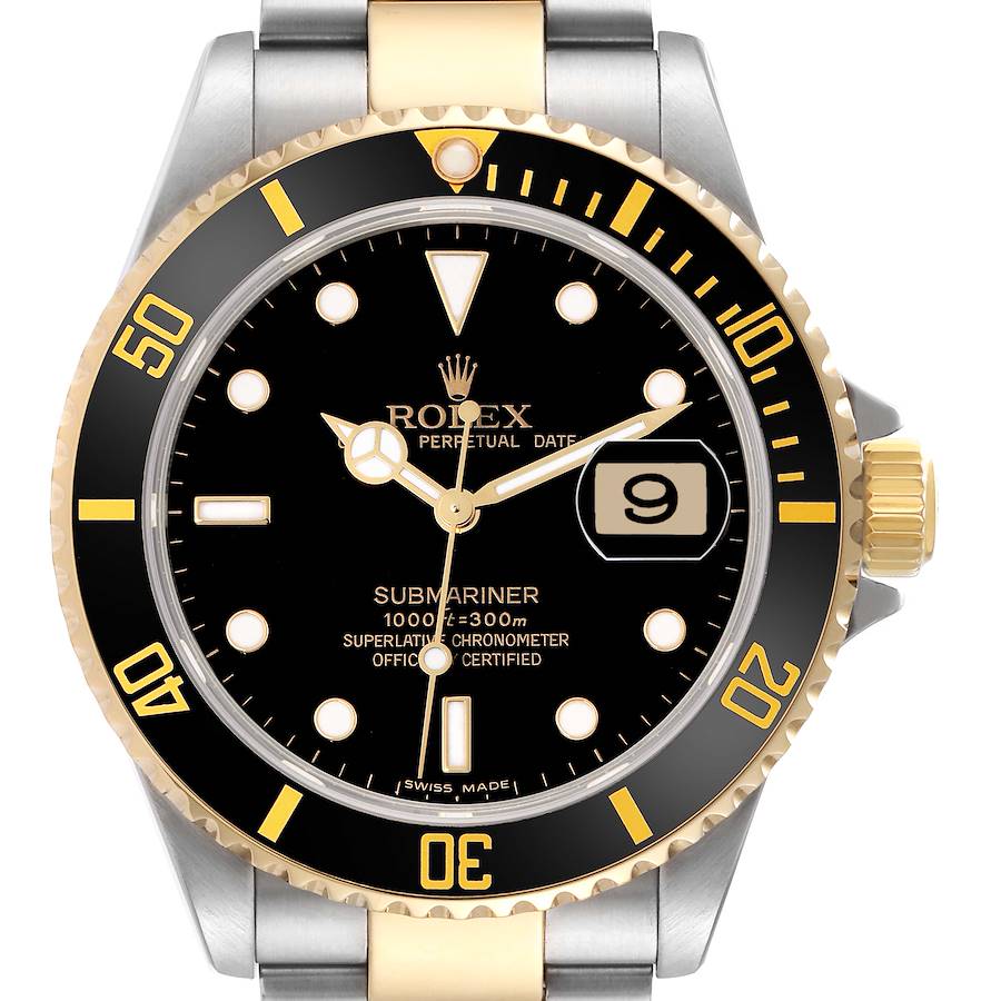 The Rolex Submariner model 16613 is shown from a front angle, highlighting its black and gold bezel, dial, and date window.