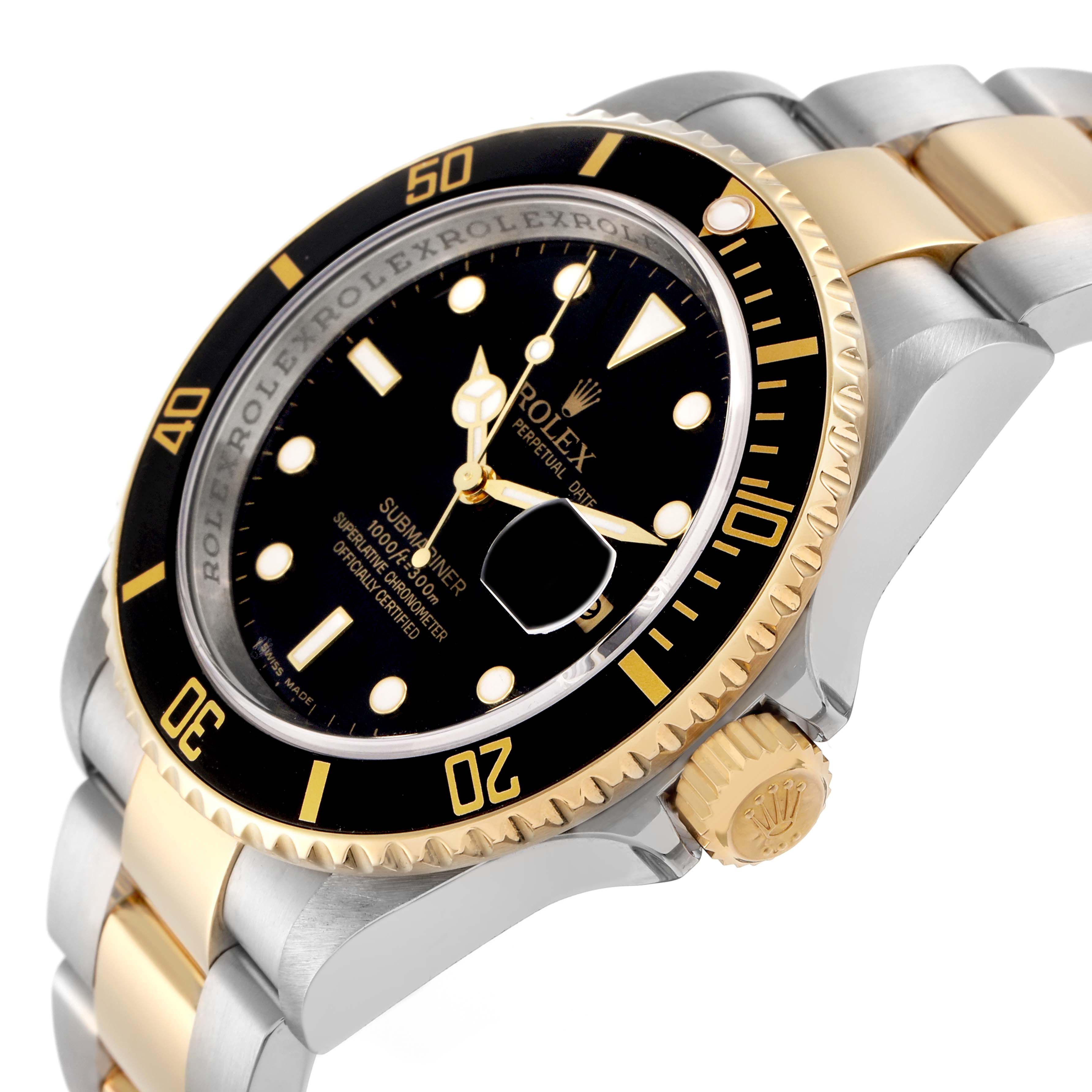 The Rolex Submariner model 16613 is shown at an angle highlighting the black dial, gold bezel, crown, and two-tone bracelet.