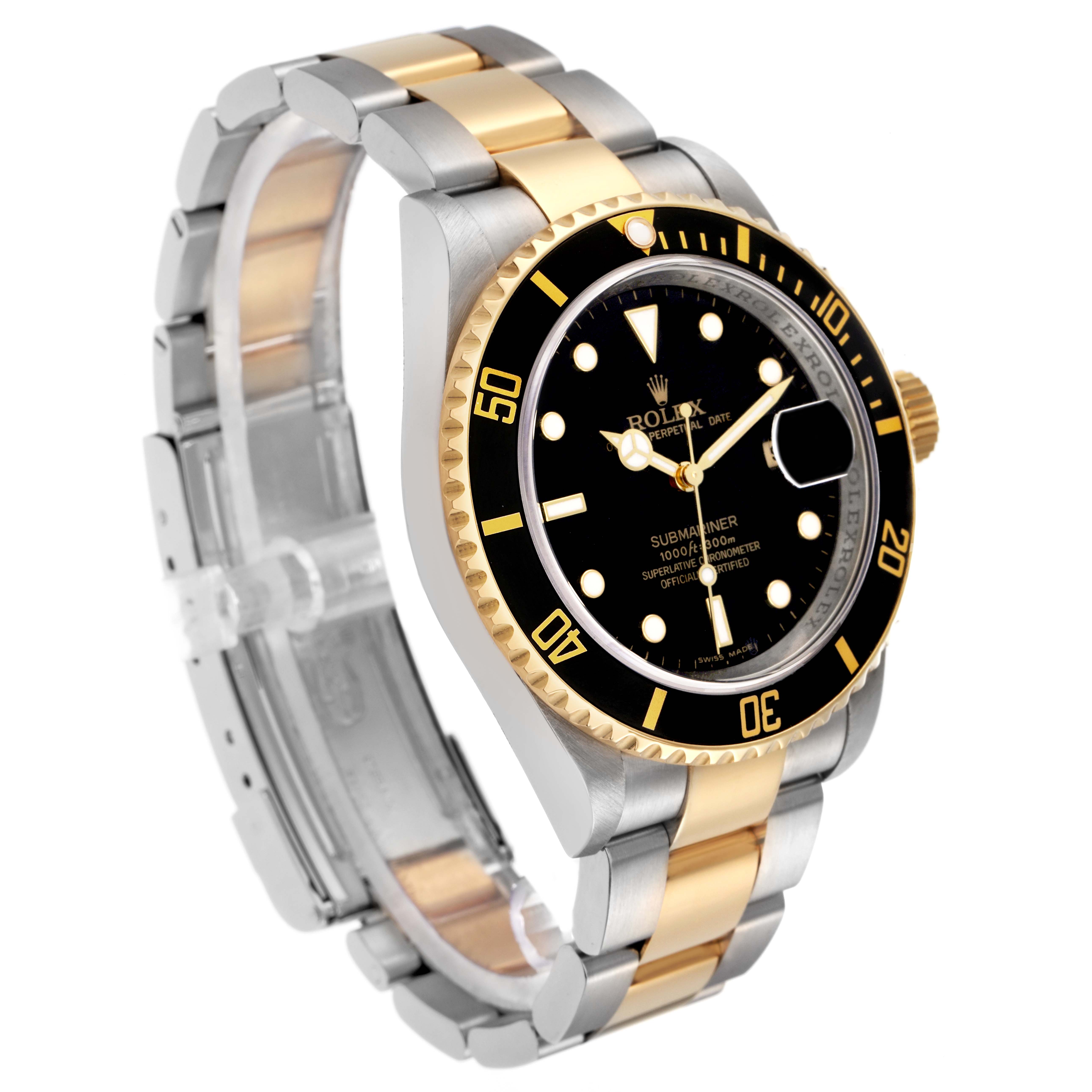 The Rolex Submariner 16613 is shown at a slight angle highlighting the watch face, bezel, and part of the two-tone bracelet.