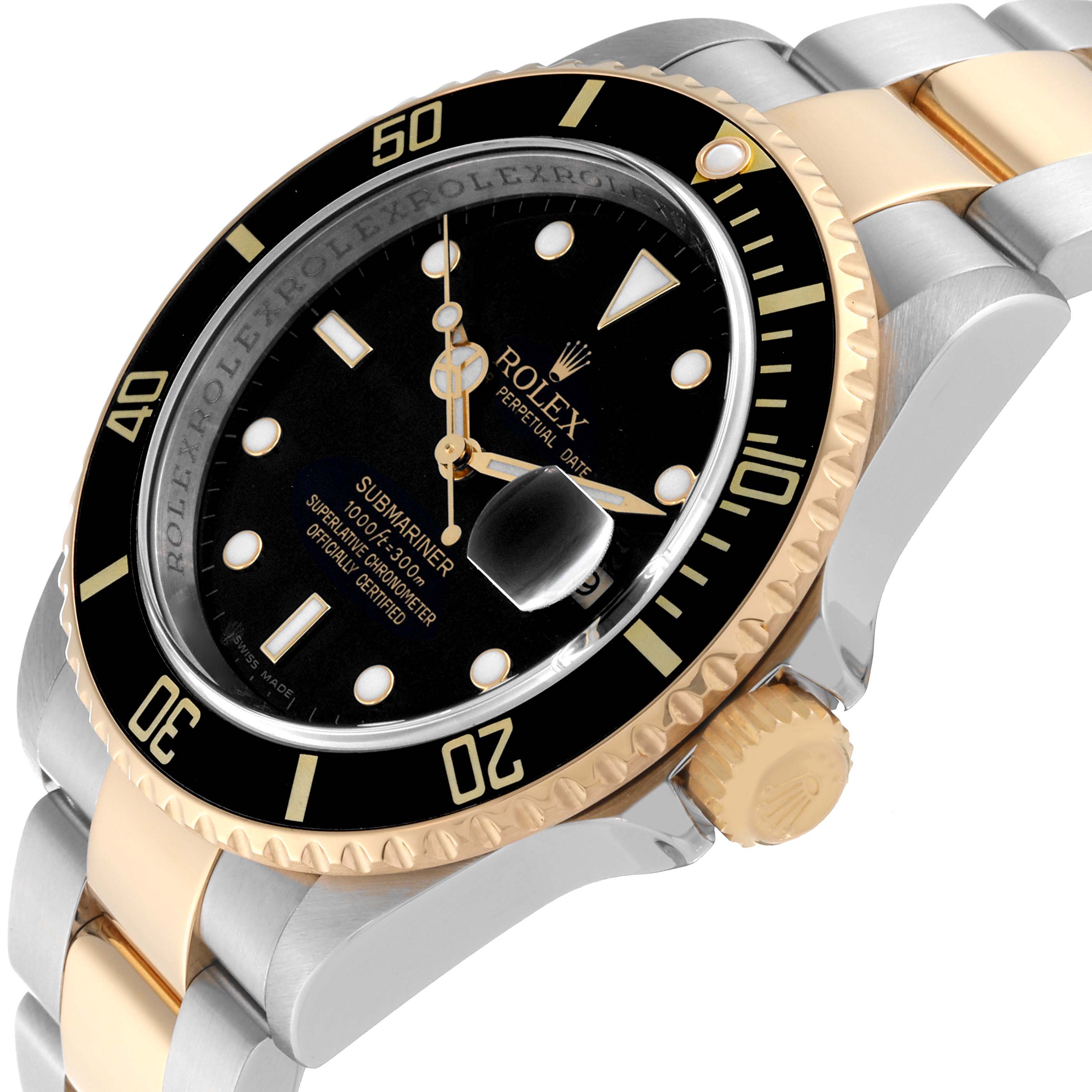 This image shows a close-up, side angle of the Rolex Submariner 16613 Men's Steel and Gold (two tone) Black Dial 16613 Men's Steel and Gold (two tone) Black Dial watch, highlighting the bezel, dial, and part of the bracelet.