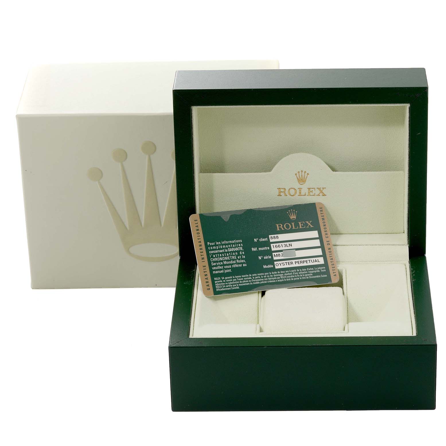 This image shows an open Rolex Submariner 16613 Men's Steel and Gold (two tone) Black Dial 16613 Men's Steel and Gold (two tone) Black Dial watch box at an angle, displaying an authenticity card.