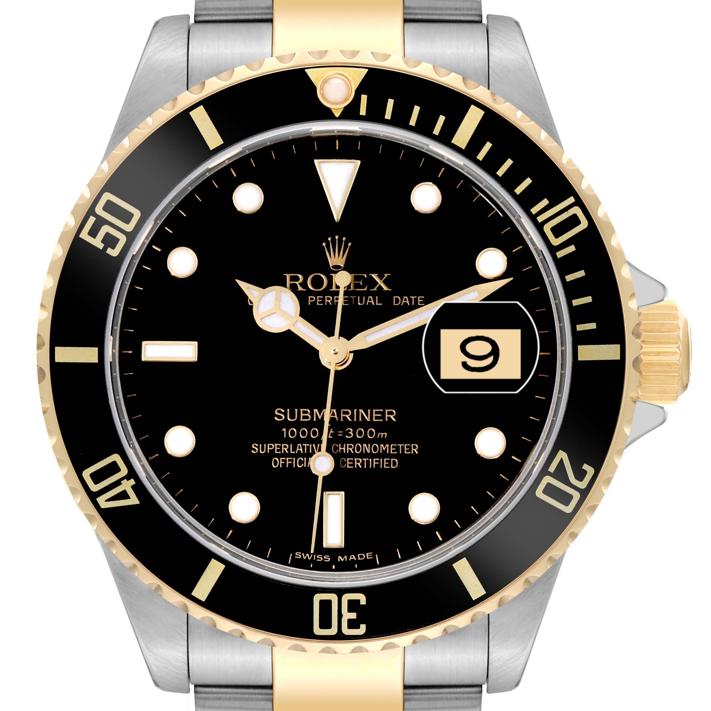 This image shows a front view of the Rolex Submariner 16613 Men's Steel and Gold (two tone) Black Dial 16613 Men's Steel and Gold (two tone) Black Dial watch, displaying the dial, bezel, and part of the stainless steel and gold bracelet.