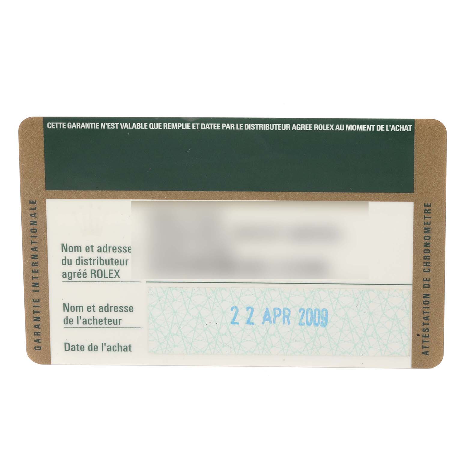 This image shows a warranty card for the Rolex Submariner 16613 Men's Steel and Gold (two tone) Black Dial 16613 Men's Steel and Gold (two tone) Black Dial, displaying purchase details and dealer information.