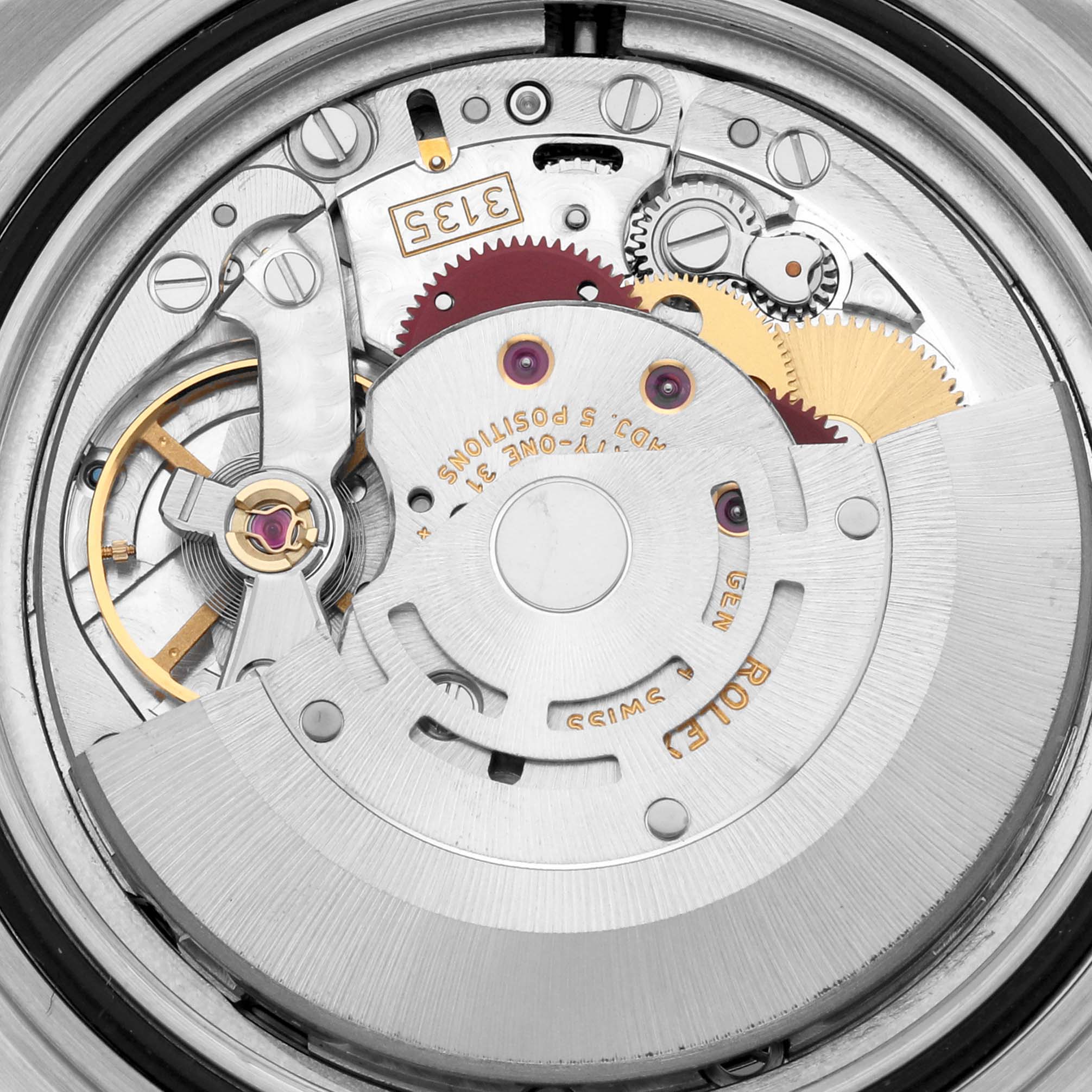 This image shows a close-up view of the movement mechanism of a Rolex Submariner 16613 Men's Steel and Gold (two tone) Black Dial 16613 Men's Steel and Gold (two tone) Black Dial watch.