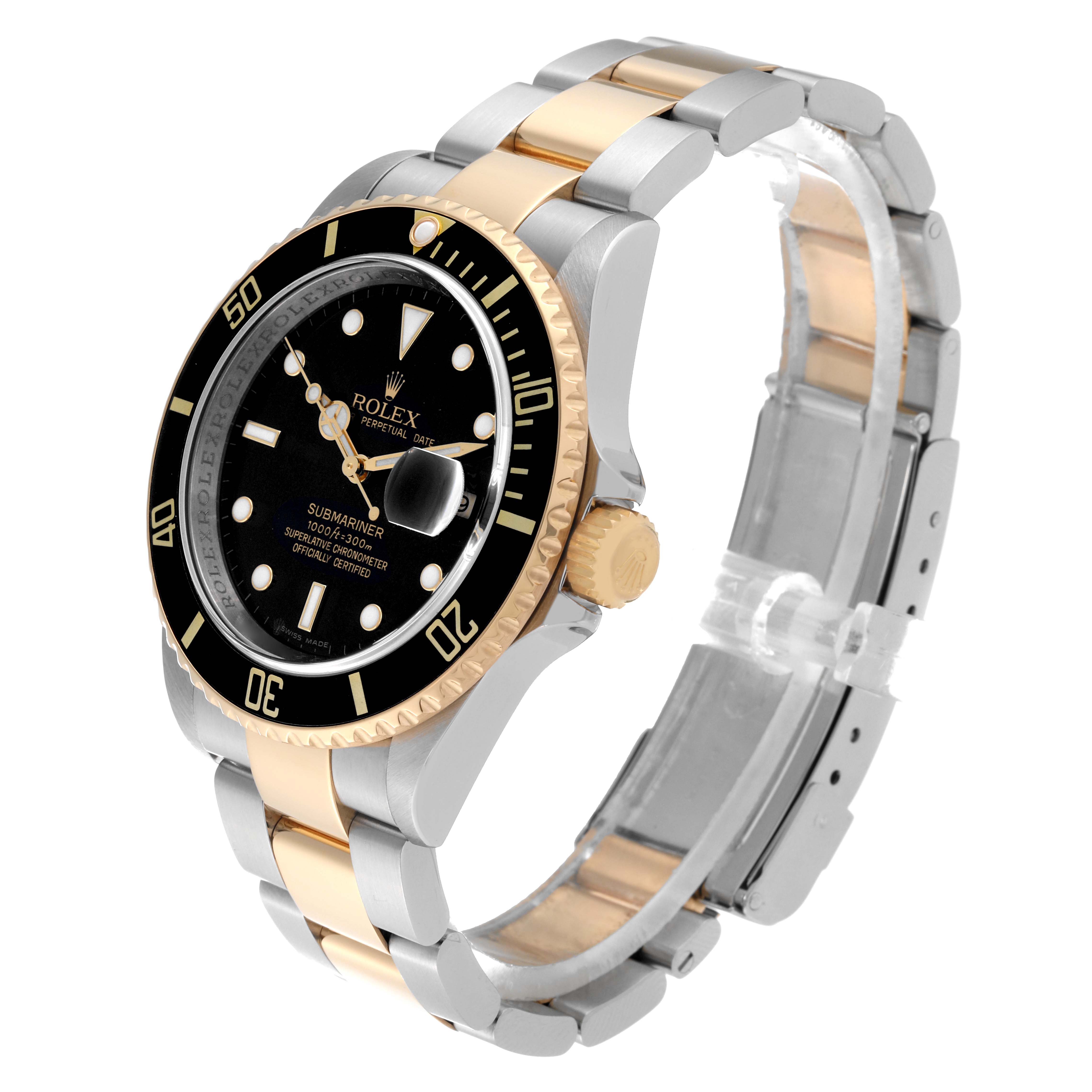 This image shows a Rolex Submariner 16613 Men's Steel and Gold (two tone) Black Dial 16613 Men's Steel and Gold (two tone) Black Dial watch at a 3/4 angle, highlighting the face, bezel, crown, and bi-metal bracelet.