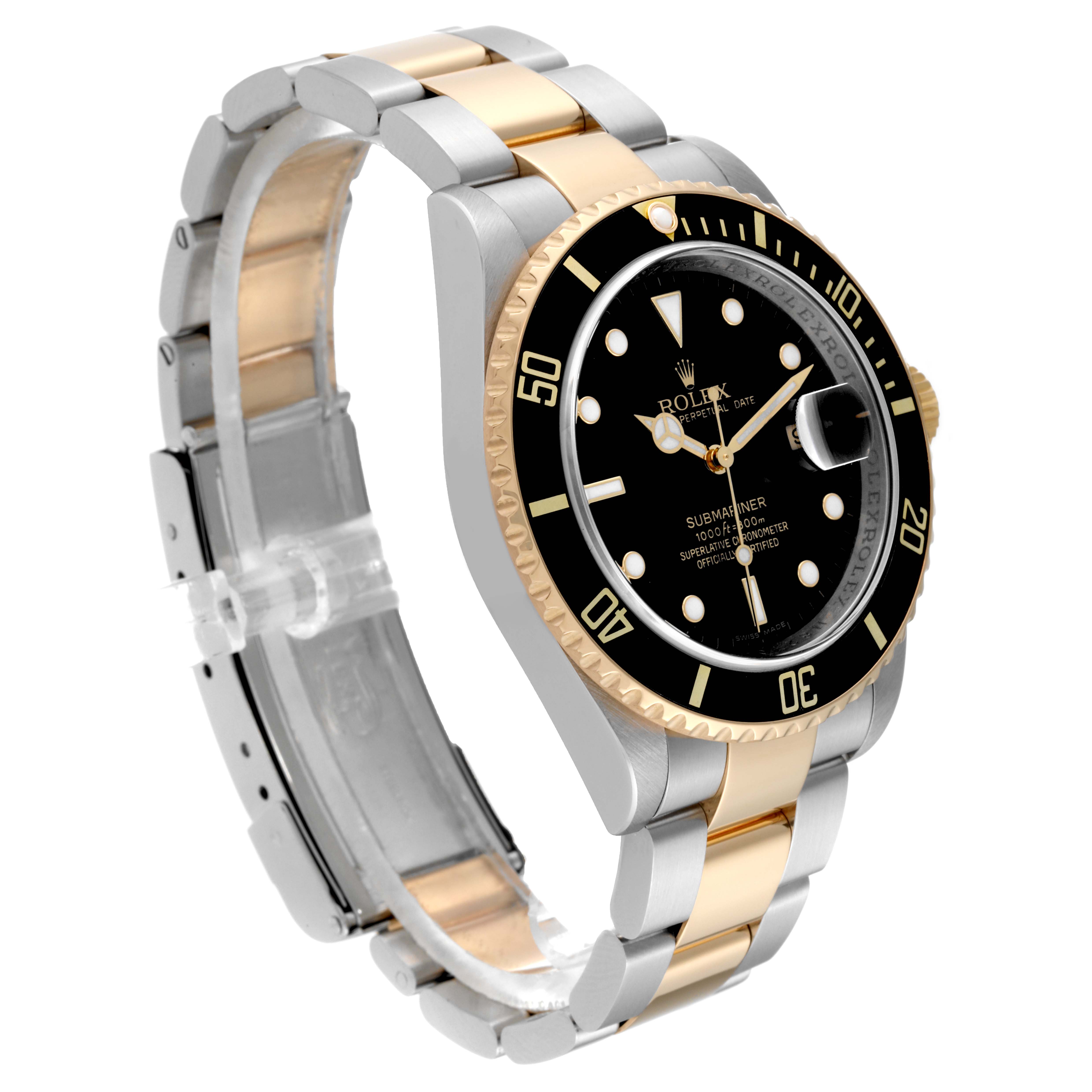 This image shows a Rolex Submariner 16613 Men's Steel and Gold (two tone) Black Dial 16613 Men's Steel and Gold (two tone) Black Dial watch at a three-quarter angle, highlighting its black dial, bezel, and two-tone metal band.