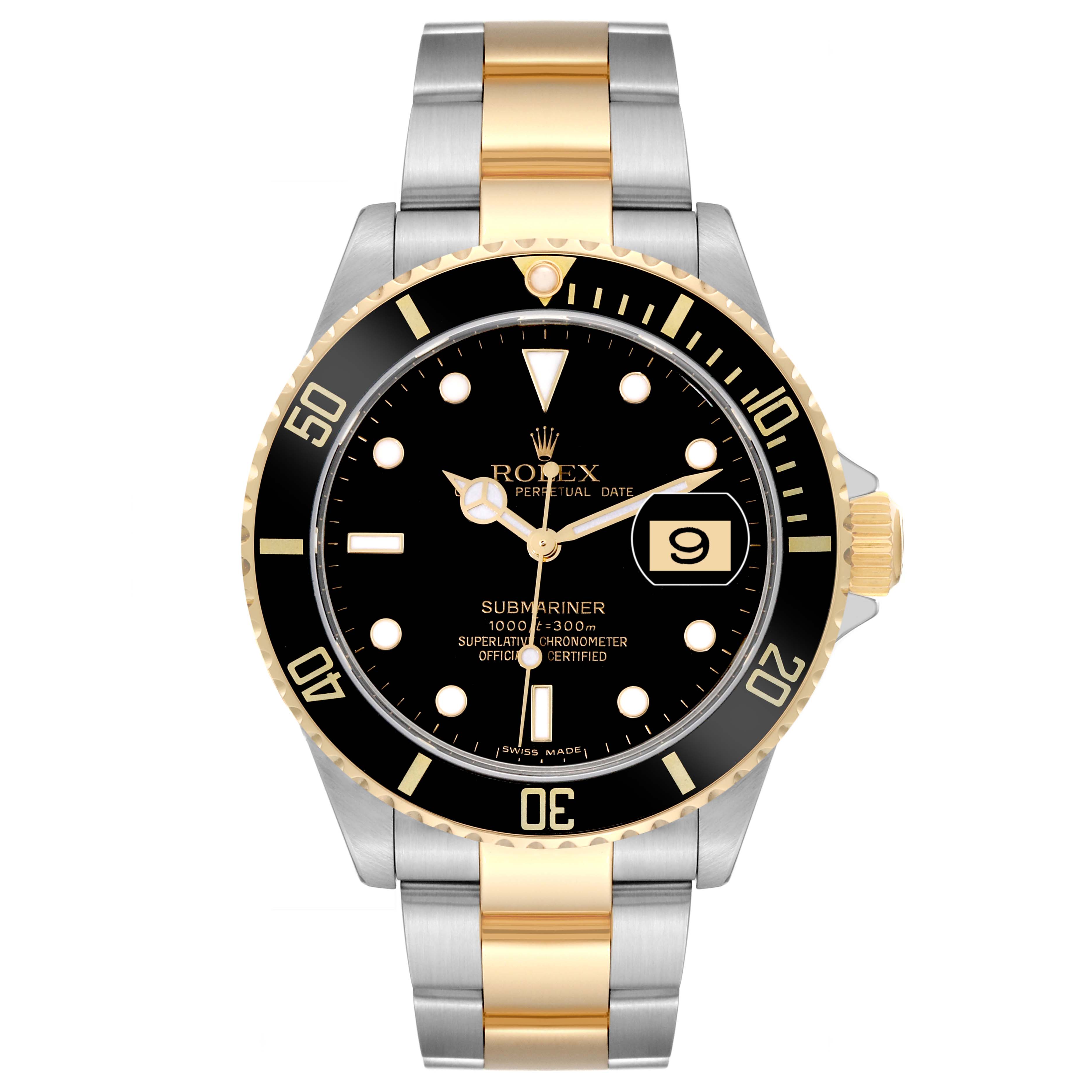 This image shows a front view of a Rolex Submariner 16613 Men's Steel and Gold (two tone) Black Dial 16613 Men's Steel and Gold (two tone) Black Dial watch featuring a gold and stainless steel bracelet.
