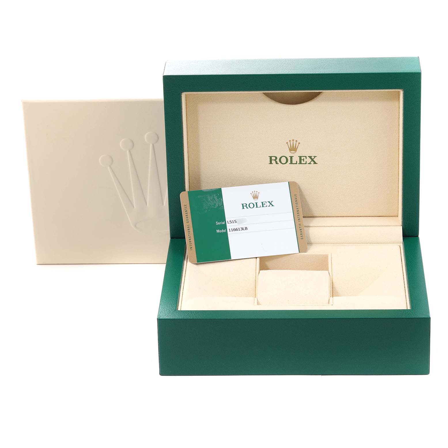 The image shows the packaging for a Rolex Submariner 116613 Men
s Steel and Gold (two tone) Blue Dial 116613 Men
s Steel and Gold (two tone) Blue Dial watch including the outer box, inner box, and warranty card.