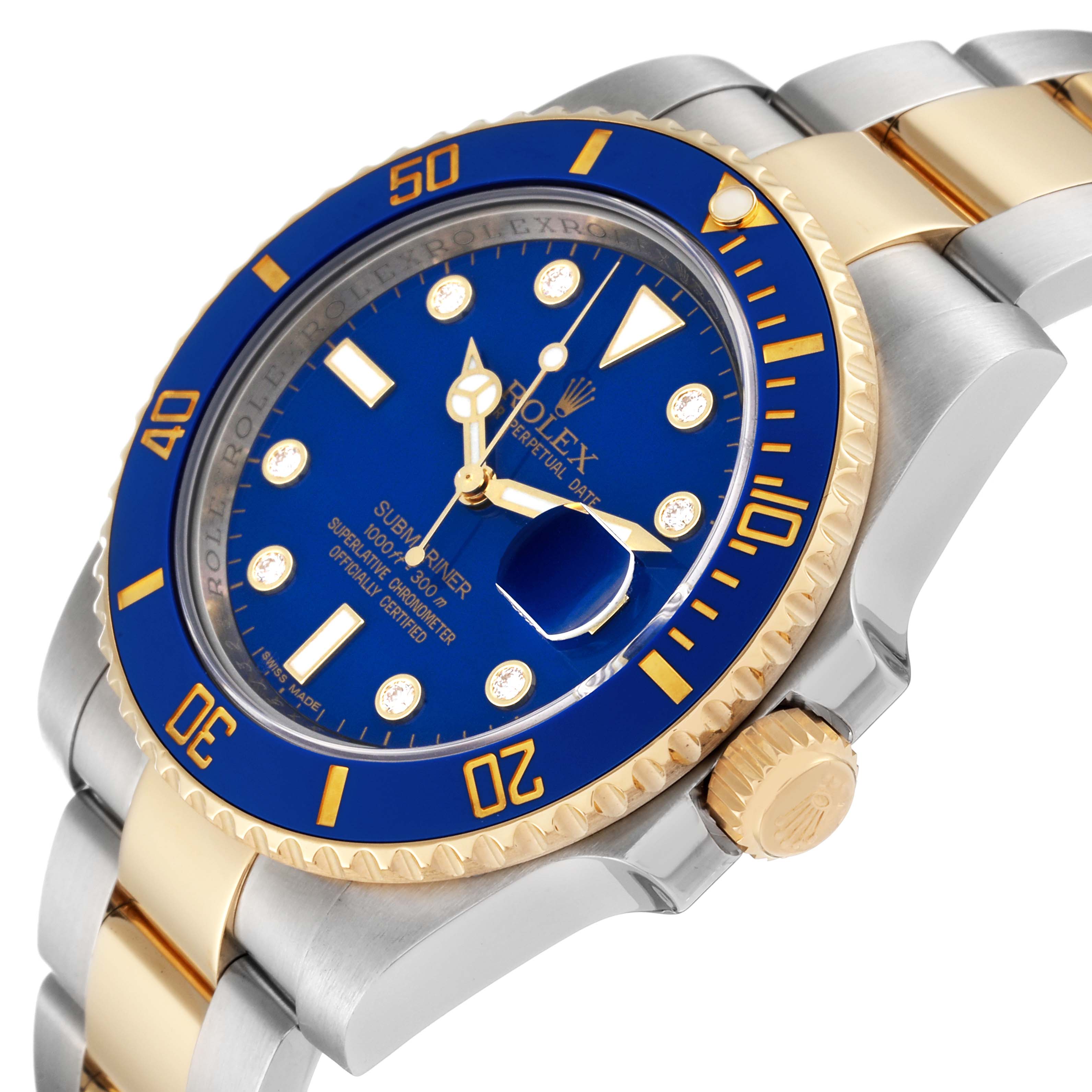 The image shows a side angle of a Rolex Submariner 116613 Men
s Steel and Gold (two tone) Blue Dial 116613 Men
s Steel and Gold (two tone) Blue Dial watch, highlighting its blue dial, bezel, gold-tone accents, and bracelet.