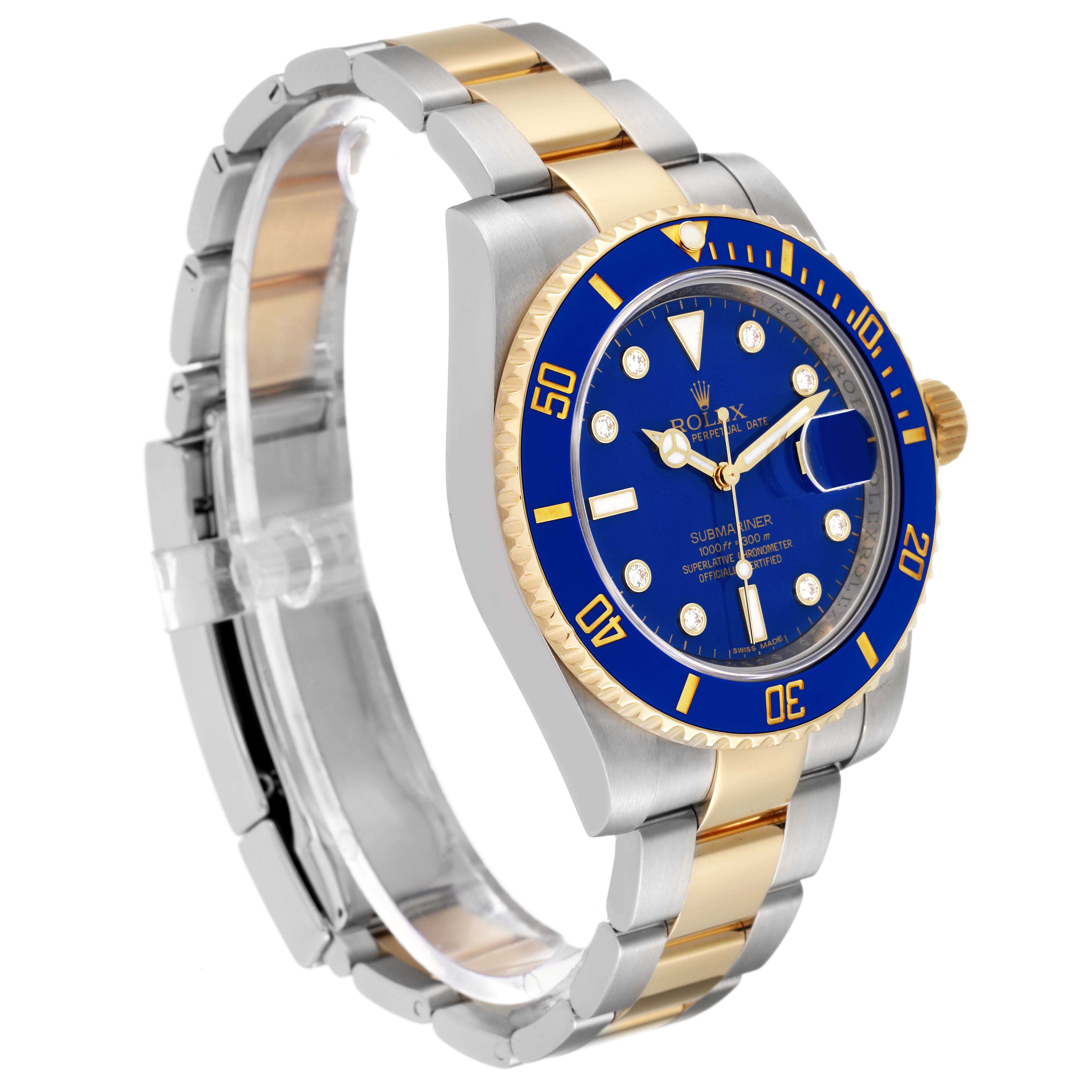 This Rolex Submariner 116613 Men
s Steel and Gold (two tone) Blue Dial 116613 Men
s Steel and Gold (two tone) Blue Dial watch is shown at an angled side view, highlighting the blue bezel, blue dial, and two-tone bracelet.