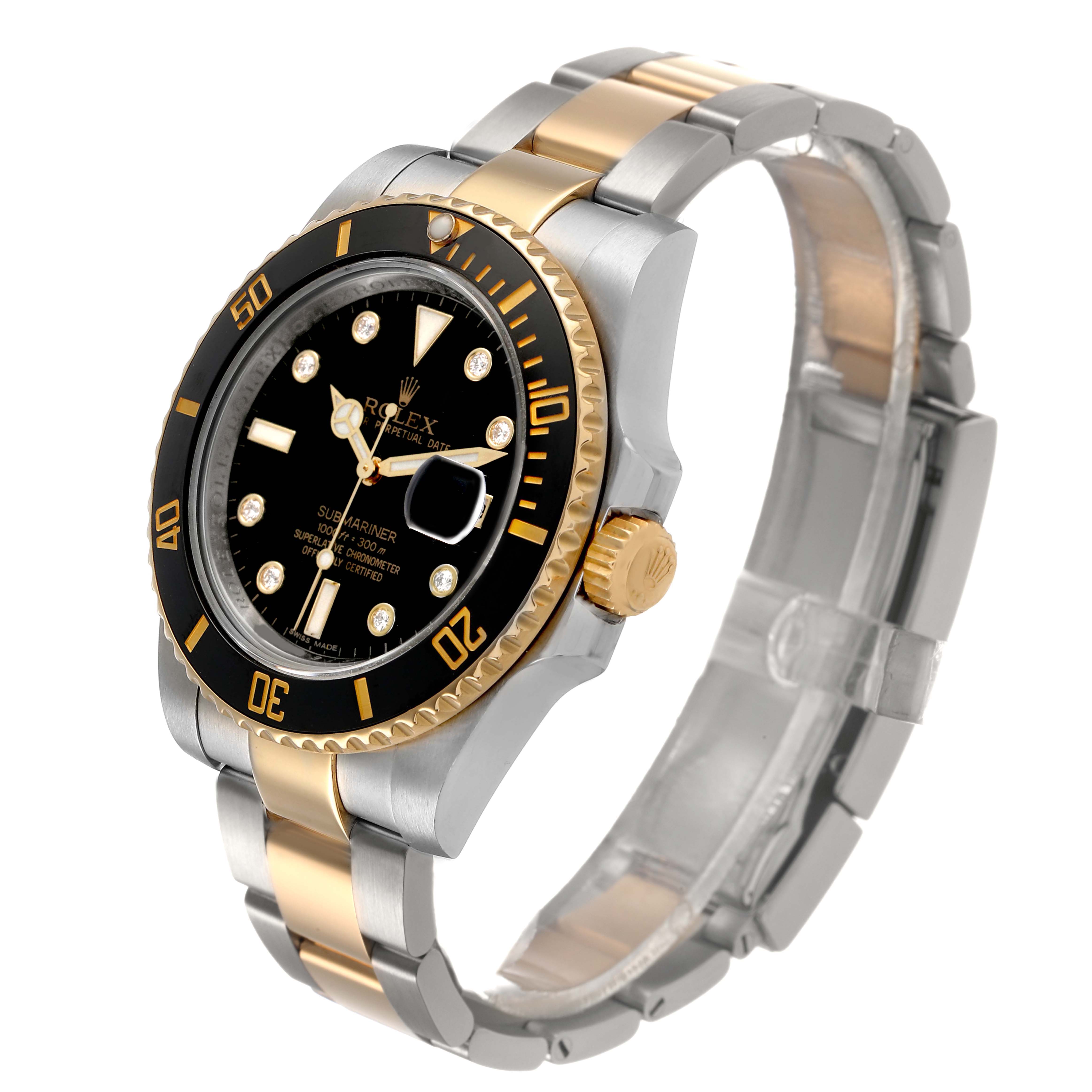 The Rolex Submariner 116613 Men's Steel and Gold (two tone) Black Dial watch is shown at a three-quarter angle, featuring its bezel, dial, crown, and two-tone bracelet.