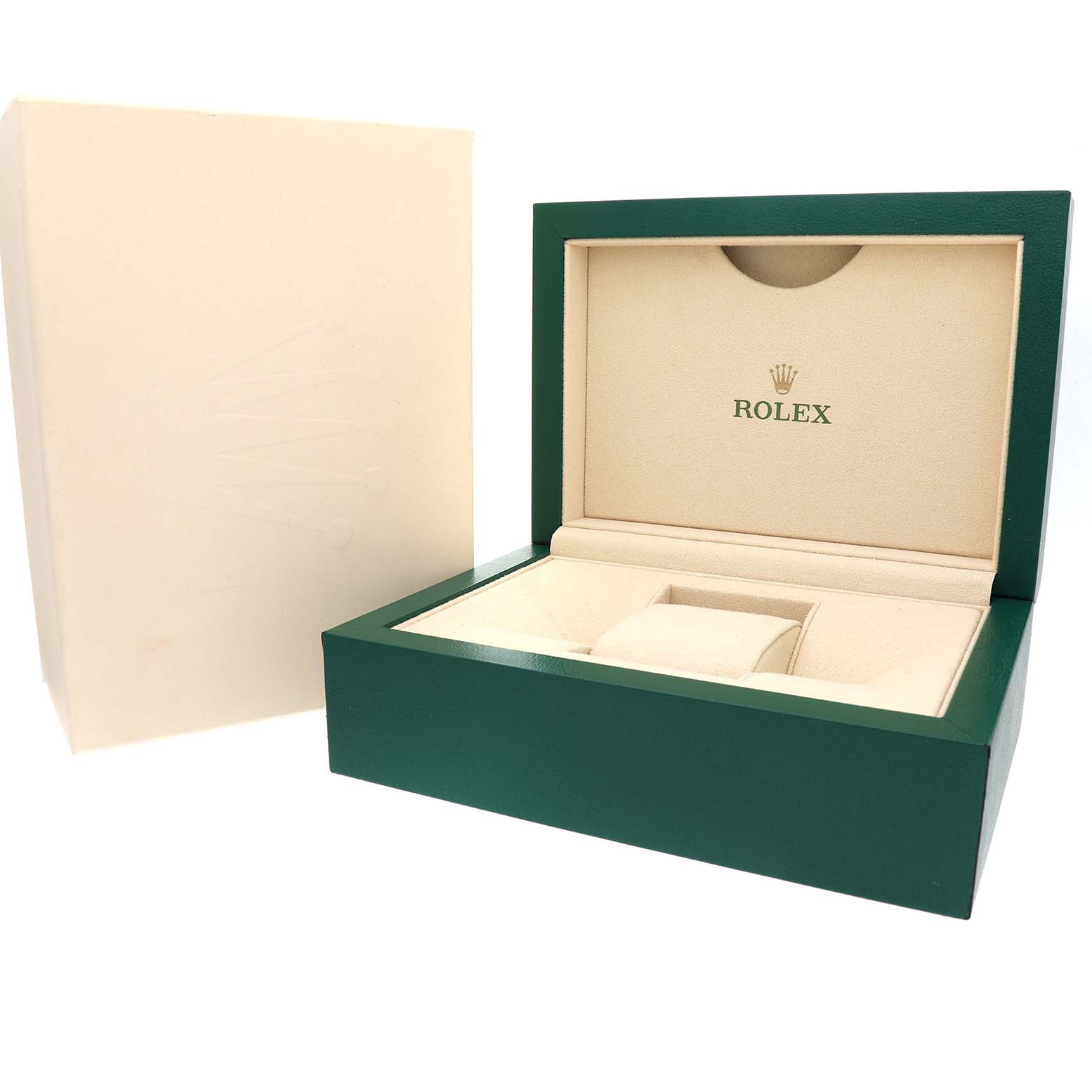 The image shows an open Rolex Submariner 116613 Men's Steel and Gold (two tone) Black Dial watch box at an angle, displaying its interior watch cushion and branding.