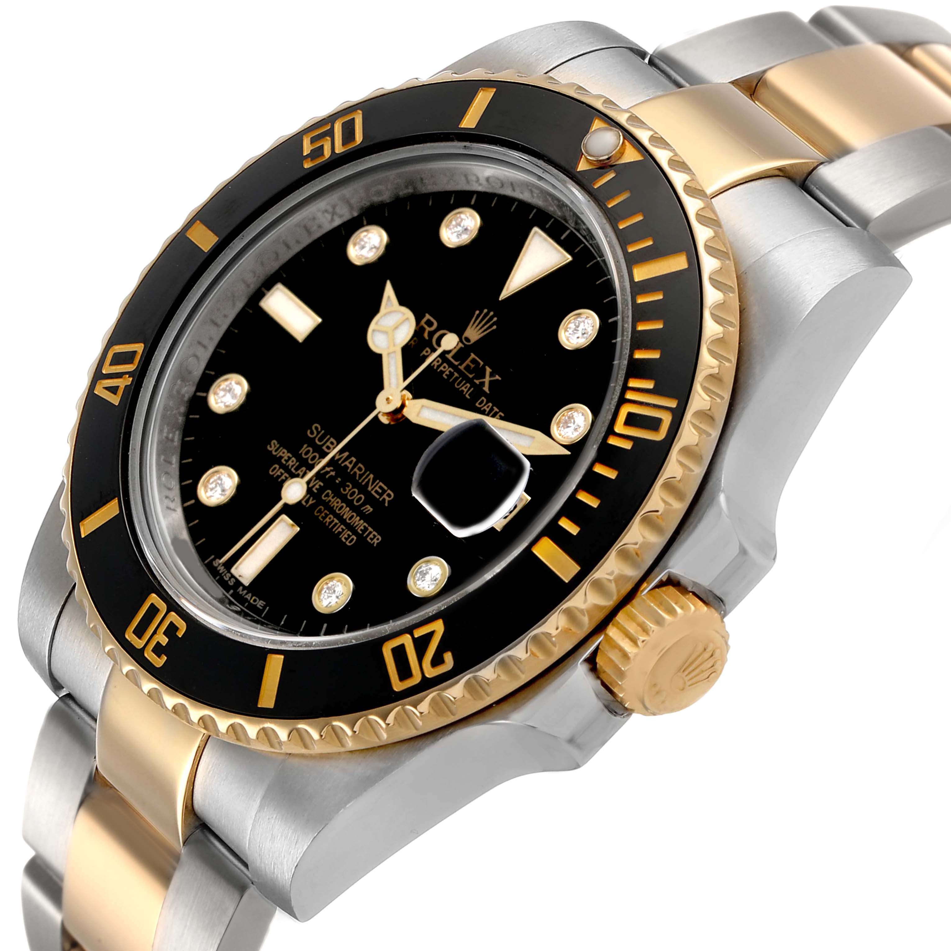 The Rolex Submariner 116613 Men's Steel and Gold (two tone) Black Dial watch is shown at a slight angle, highlighting the black bezel, gold accents, and two-tone bracelet.