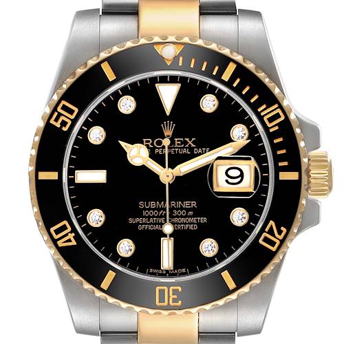 The image shows a front view of the Rolex Submariner 116613 Men's Steel and Gold (two tone) Black Dial, highlighting the bezel, dial, hands, markers, and date window.