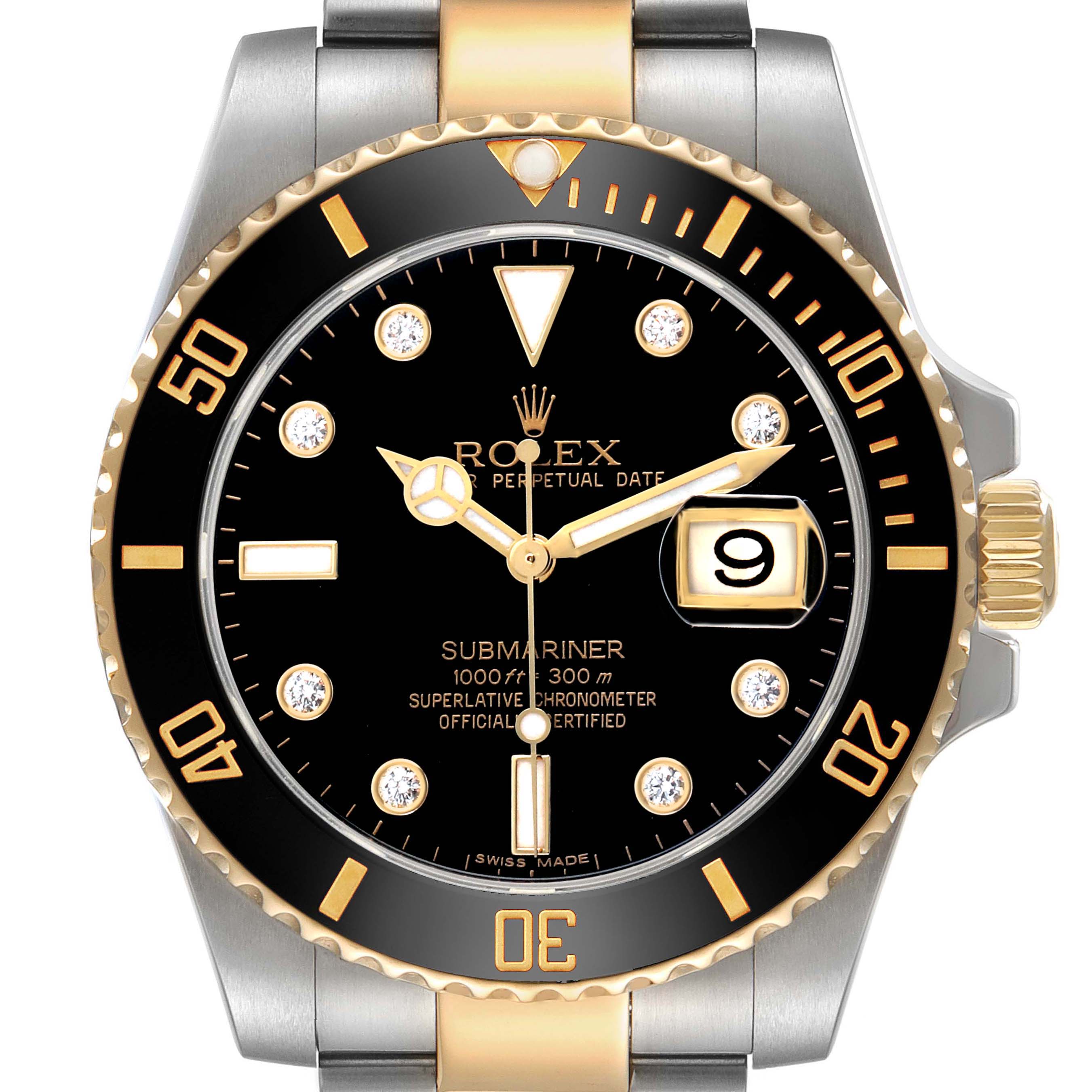 The Rolex Submariner 116613 Men's Steel and Gold (two tone) Black Dial watch is shown from the front, highlighting the dial, bezel, and part of the bracelet.