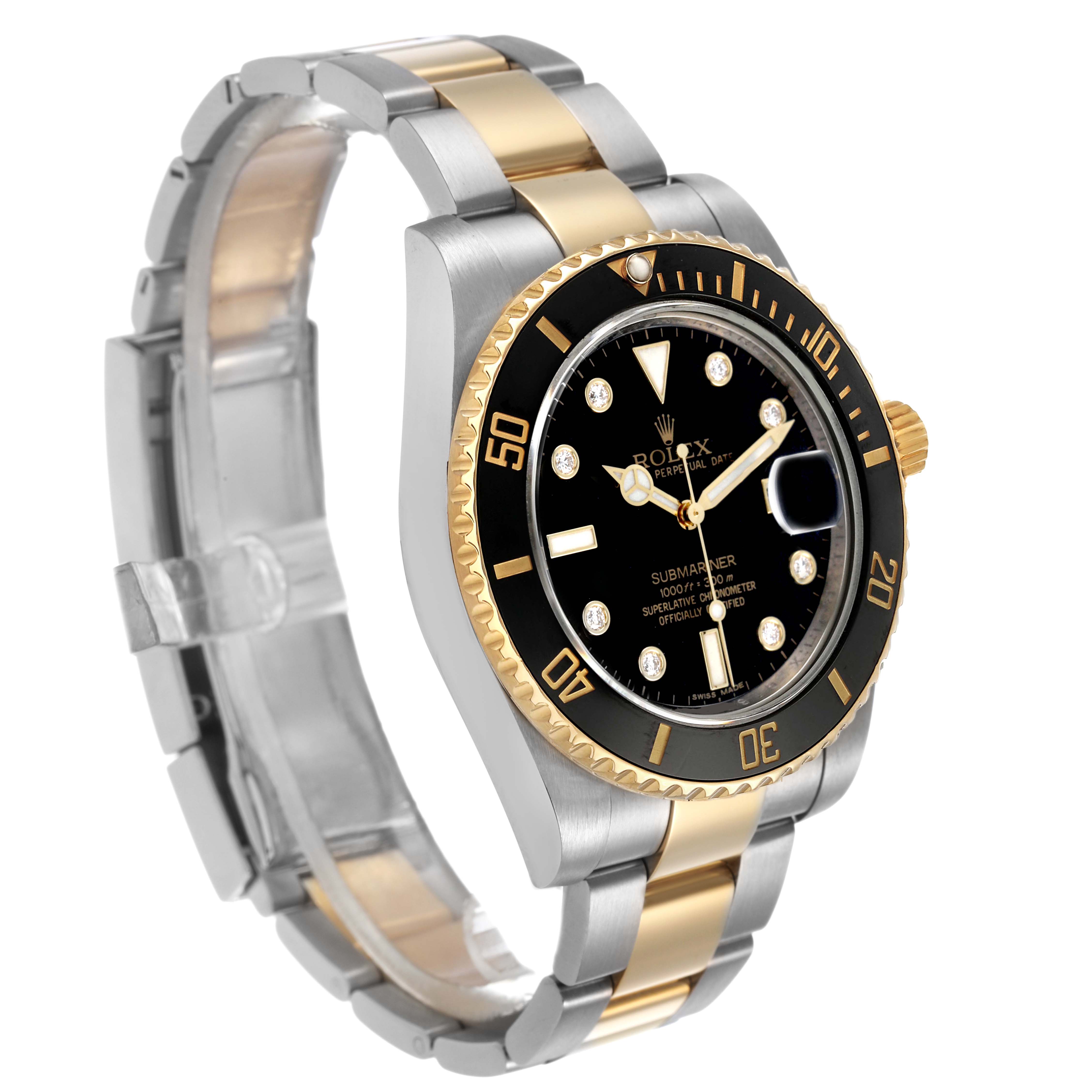 The Rolex Submariner 116613 Men's Steel and Gold (two tone) Black Dial watch is shown at a three-quarter angle, highlighting its black bezel, dial, and two-tone bracelet.
