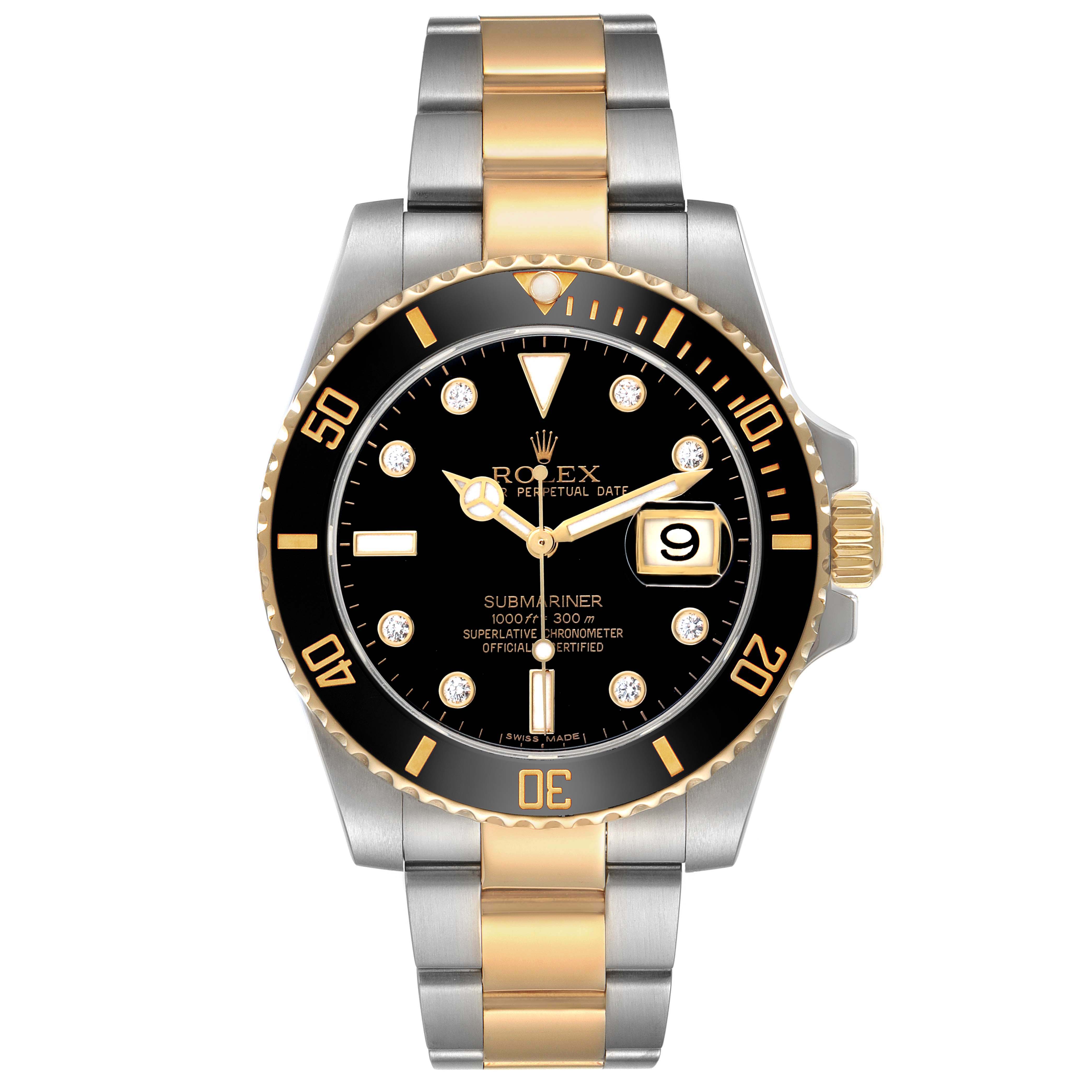 The Rolex Submariner 116613 Men's Steel and Gold (two tone) Black Dial watch is shown from the front, displaying its dial, bezel, and bracelet.