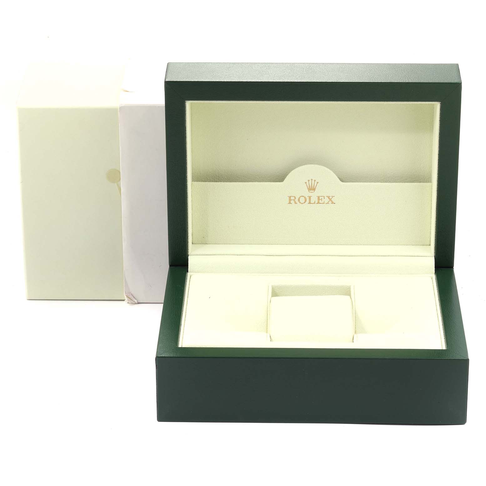 The image shows an open Rolex watch box, specifically for the Yacht-Master model, with an inner cushion and Rolex logo.