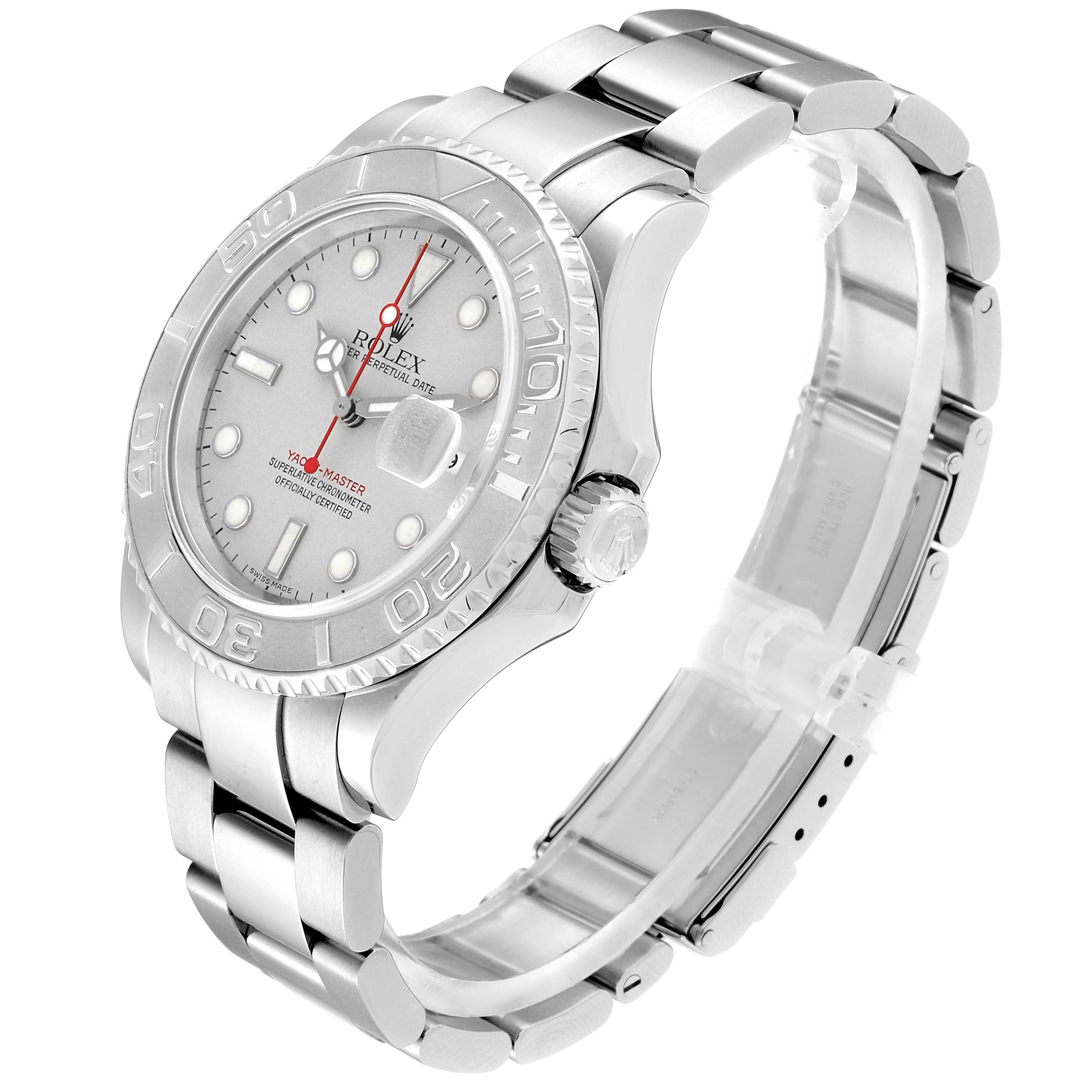 The image displays a side angle view of the Rolex Yacht-Master 16622 Men
s Stainless Steel Silver Dial 16622 Men
s Stainless Steel Silver Dial watch, showcasing its dial, bezel, crown, and bracelet.