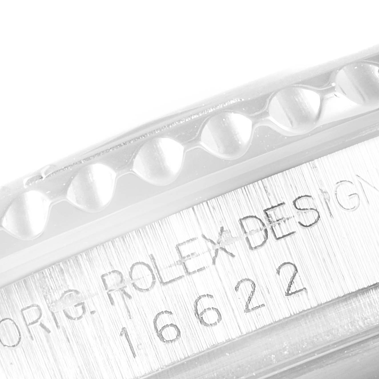 The image shows a close-up view of the edge and engraved model number of a Rolex Yacht-Master 16622 Men
s Stainless Steel Silver Dial 16622 Men
s Stainless Steel Silver Dial watch.