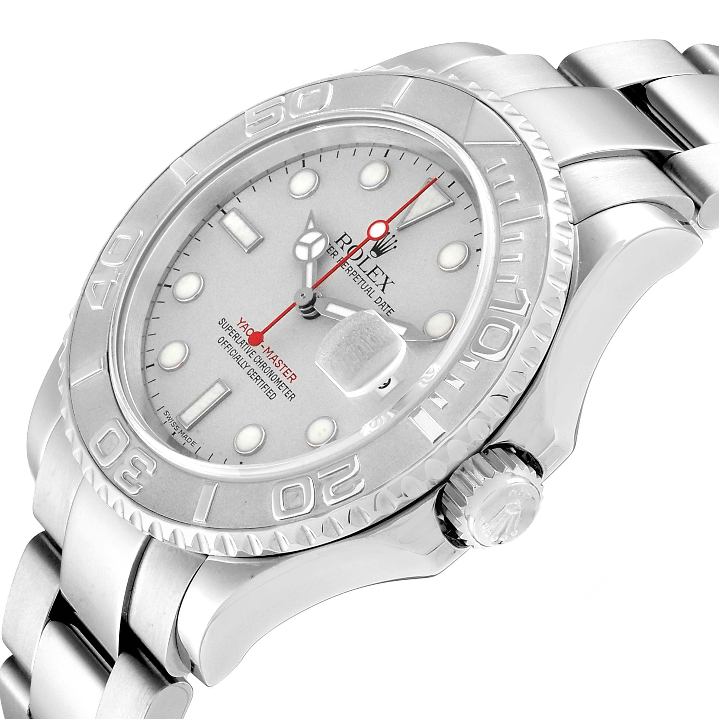 The image shows a side-angled view of the Rolex Yacht-Master 16622 Men
s Stainless Steel Silver Dial 16622 Men
s Stainless Steel Silver Dial watch, displaying the dial, bezel, crown, and part of the bracelet.